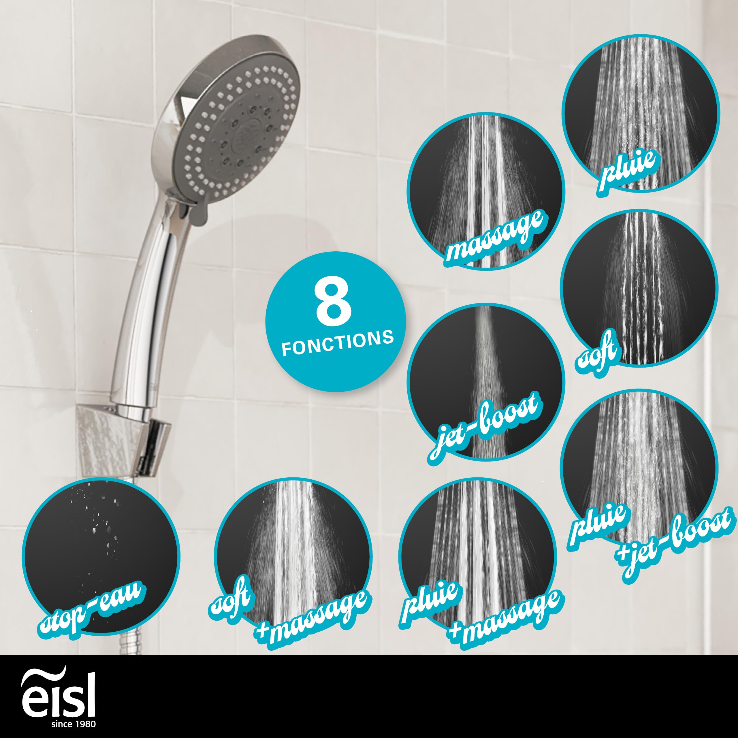 EISL SPEED Kit de douche sans robinetterie, système de douche sans robinetterie avec grande douchette de tête, ensemble de douche pour rénovation, douchette avec 8 fonctions, kit de montage complet et