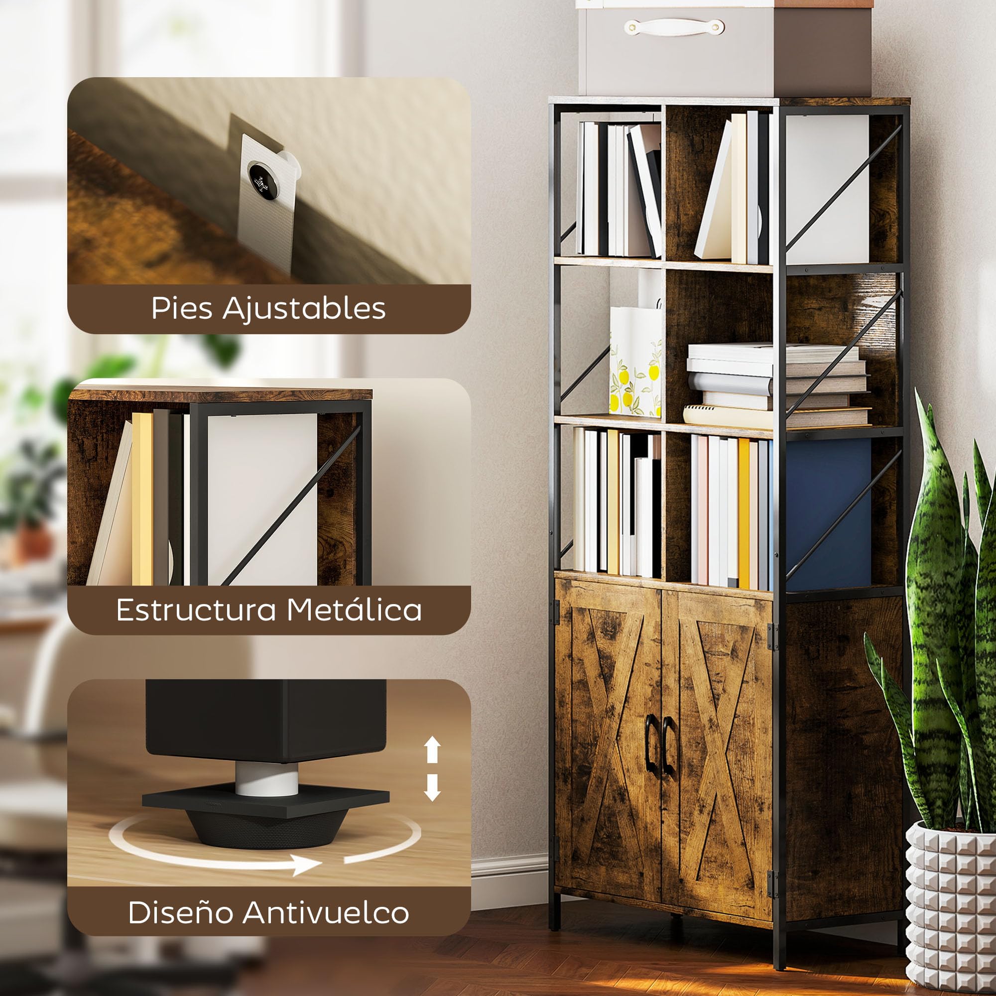 HOMCOM Librería de 6 Niveles Estilo Industrial 75x34x172 cm Marrón Rústico | Estantería de Libros Organizador, 6 Compartimentos Abiertos, 2 Puertas, Estante Ajustable, Salón Oficina Dormitorio