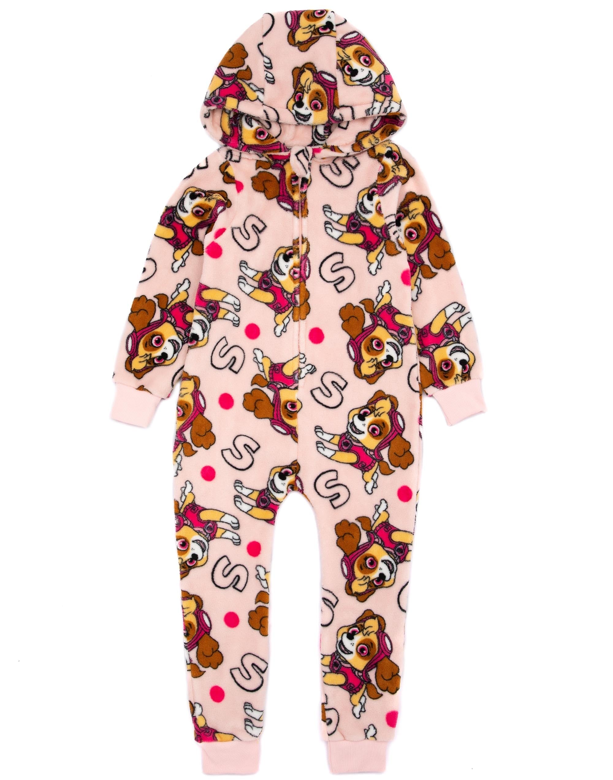 Paw Patrol Girls Onesie | Kids Childrens Helicopter Pilot Skye Rescue Pup Pink All In One Pyjamas | Polka Dot Hooded Fluffy Fleece With Zip