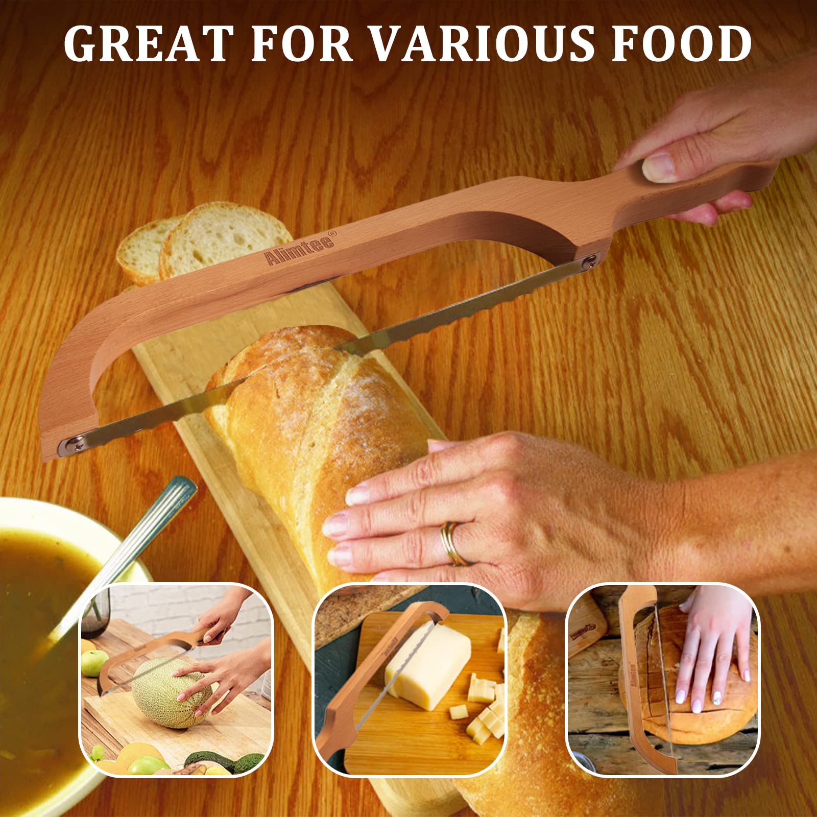 Alimtee Bread Knife, 16" Wooden Serrated Bagel Knife, Fiddle Bow Design Easy to Cutting, Sourdough Cutter for Homemade Bagels, Bread, Baguettes and More - Premium Stainless Steel