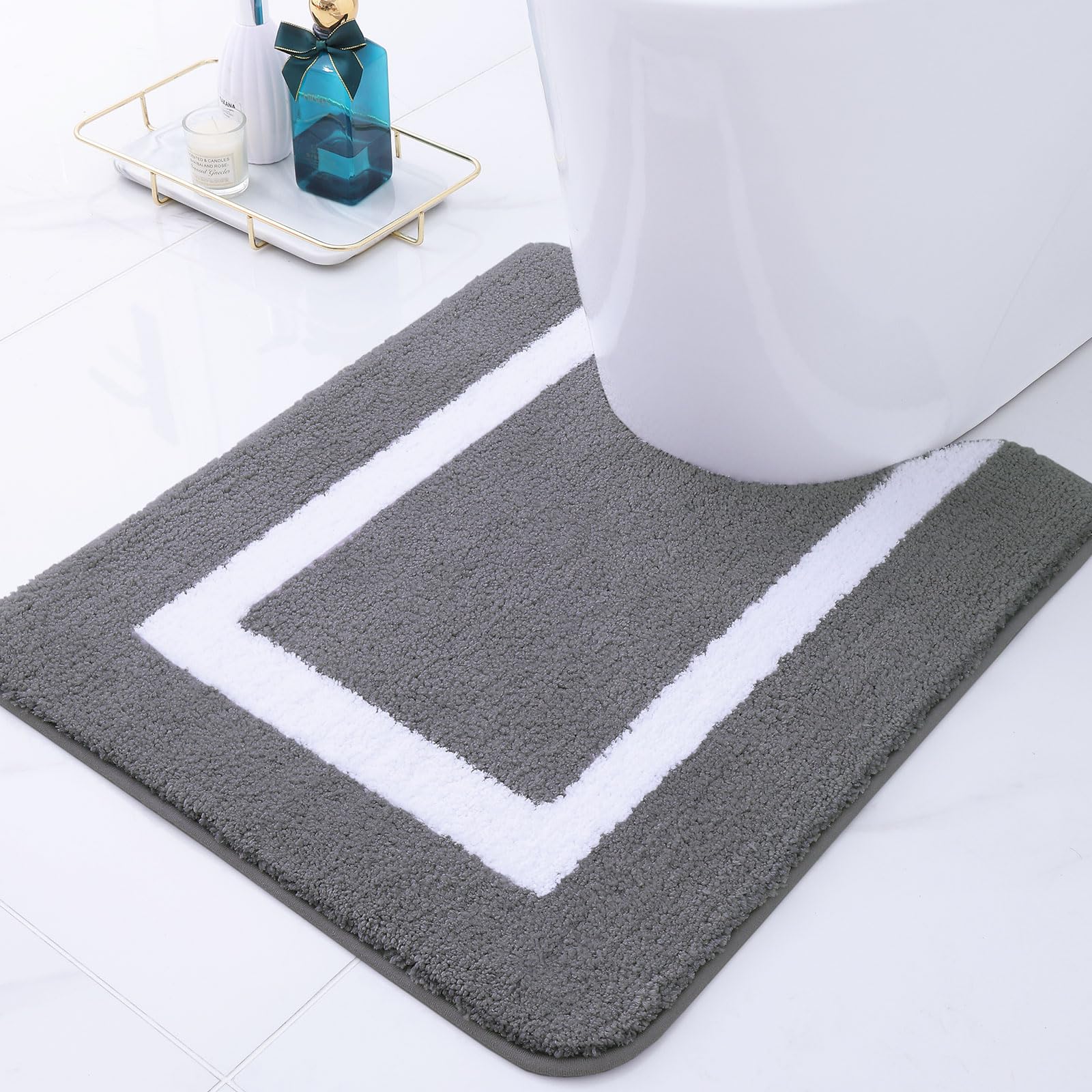 KitinjoyLuxury Toilet Rugs U-Shaped, Ultra Soft Water Absorbent Microfiber Contour Bathroom Rug, Non Slip Plush Shaggy Machine Wash Dry Bath Rug Mat for Toilet Base, 20 x 24, Dark Grey