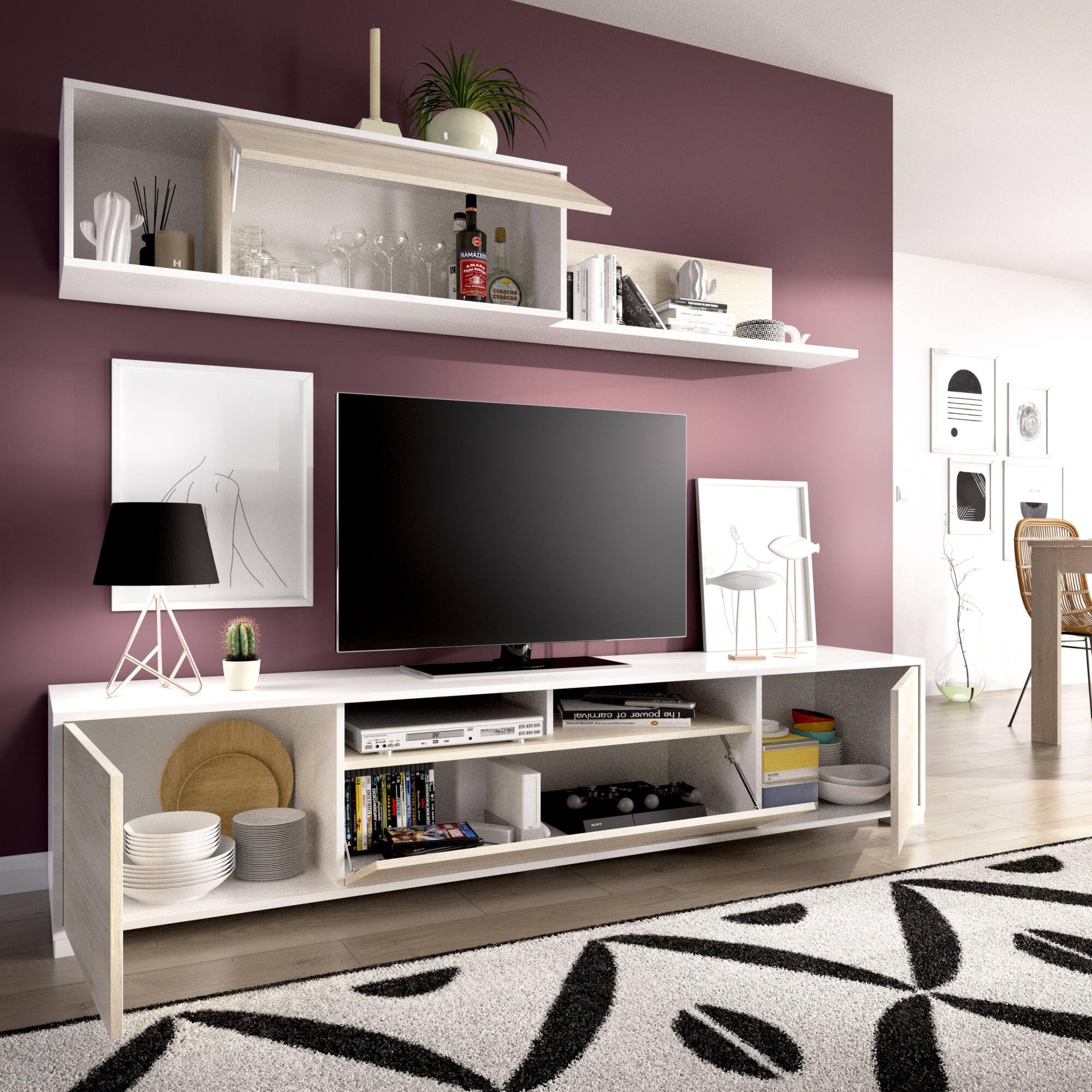 Dmora Parete Attrezzata Gruf 41x200x180h cm Marrone Rovere 6 Ripiani Modulabile, Apertura Battente e a Ribalta