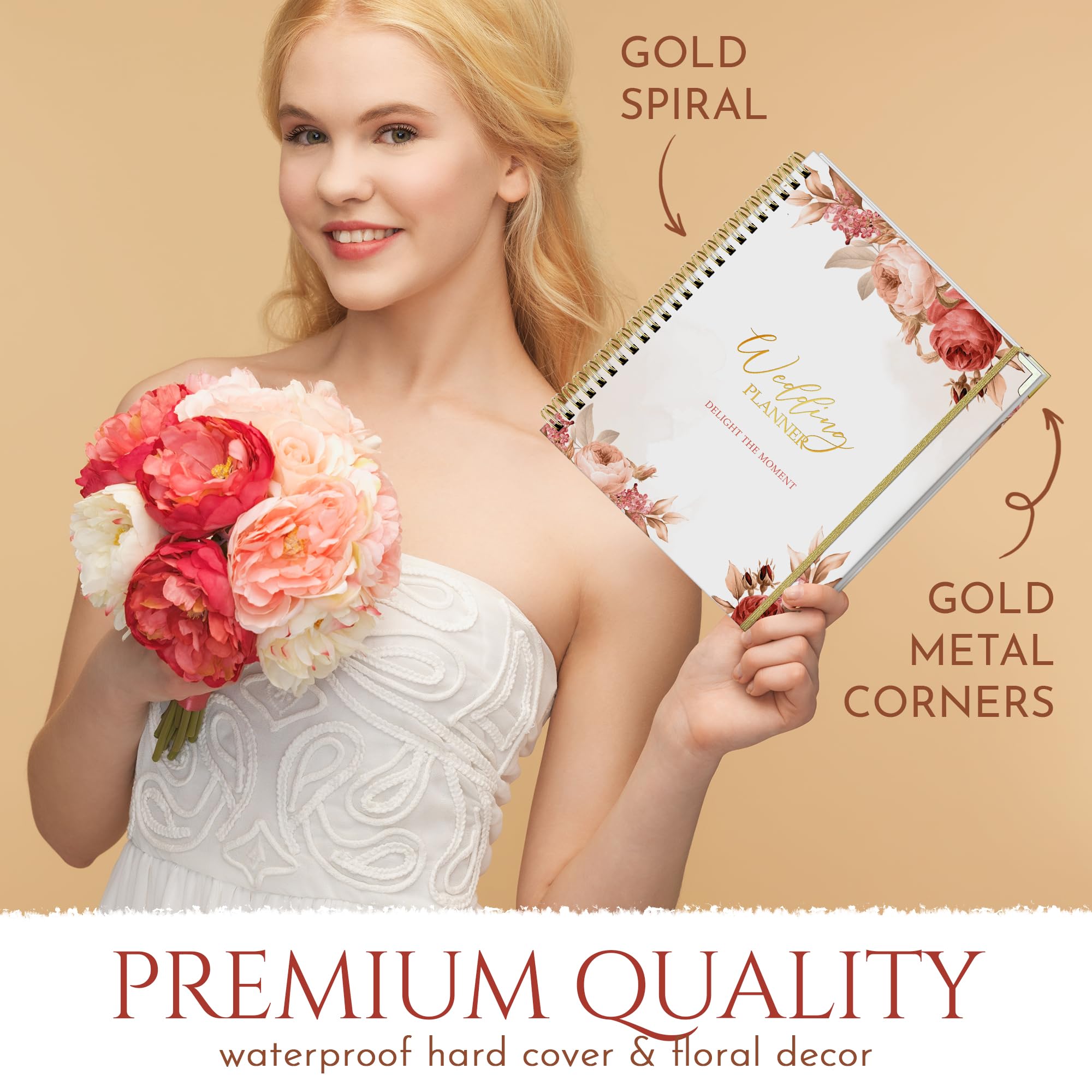 Eleganter Vintage-Hochzeitsplaner mit Blumenmuster, 22,9 x 27,9 cm, Hochzeitsplaner und Organizer mit goldenen Kanten, schönen Rosen und Taschenteilern, Tagebuch mit 132 Seiten, Hochzeitsplaner für
