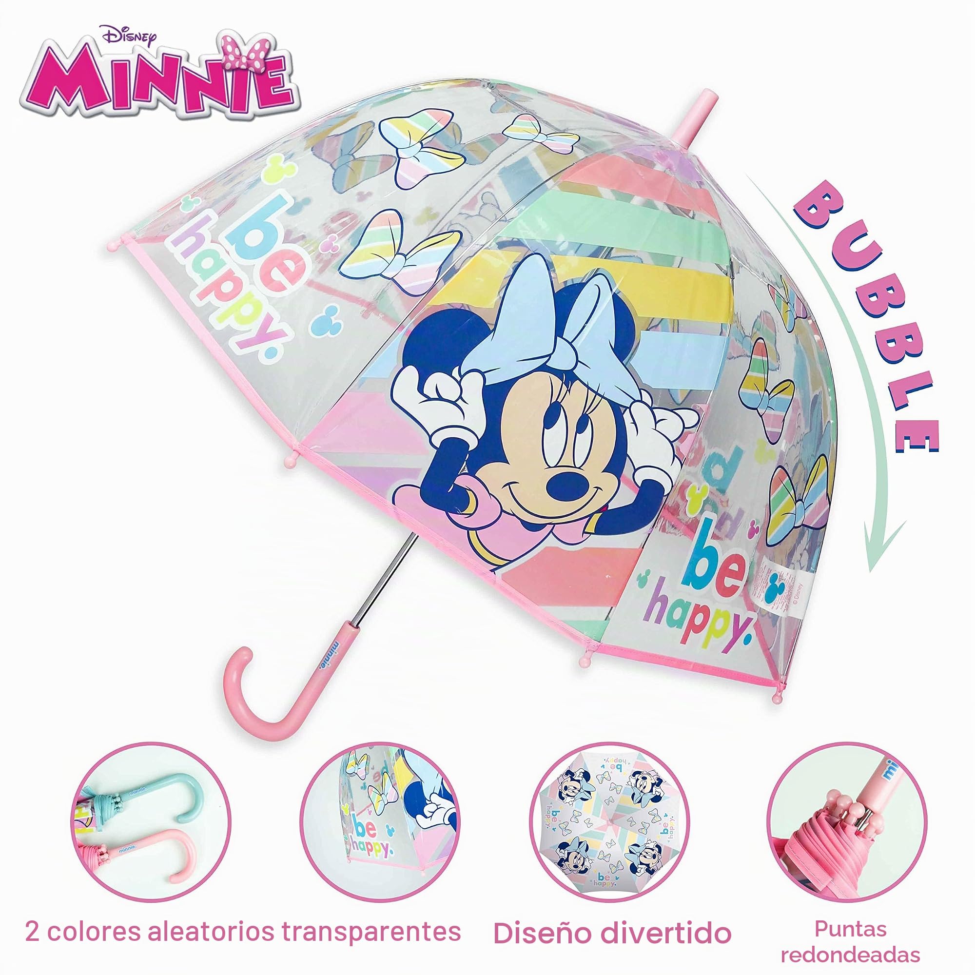 Paraguas Transparente Infantil y Chubasquero Pack Minnie Mouse – Paraguas Burbuja, Niña Impermeable con Capucha | para Vuelta al Cole