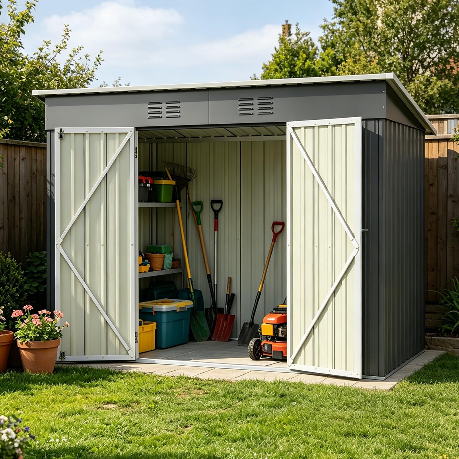 DRIXNO Metall Gerätehaus, 229x111x182 cm Garten Schuppen, Gartenhaus Geräteschuppen mit stabilem Metallfundament, Stauraum für Gartengeräte, Inkl Metallfundament, Ohne Boden, Grau