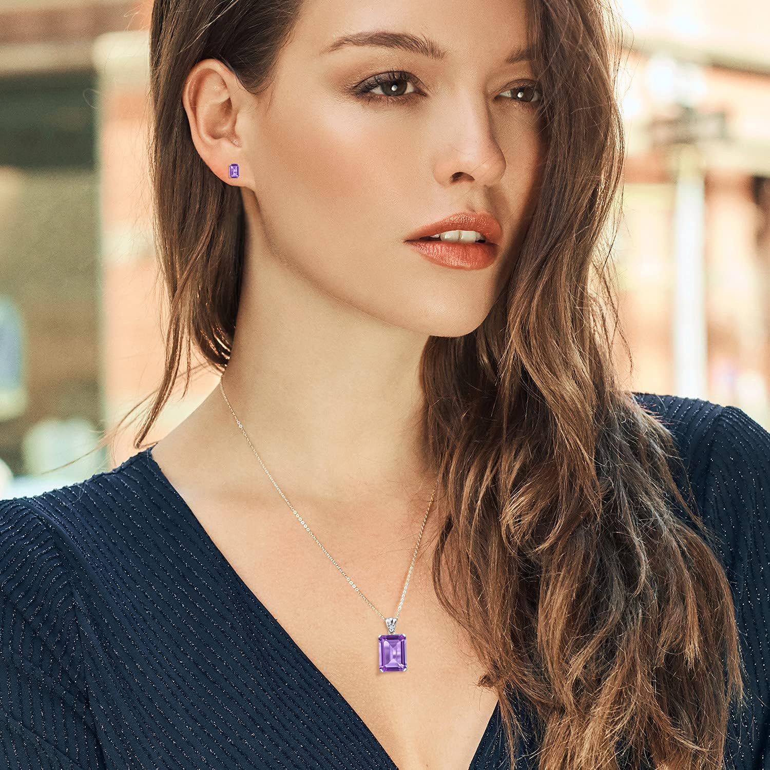 Gem Stone King 925 Sterling Silver Purple Amethyst Pendant and Earrings Jewelry Set For Women (16.09 Cttw, Gemstone February Birthstone, Emerald Cut 18X13MM and 6X4MM, with 18 Inch Chain) - Image 3