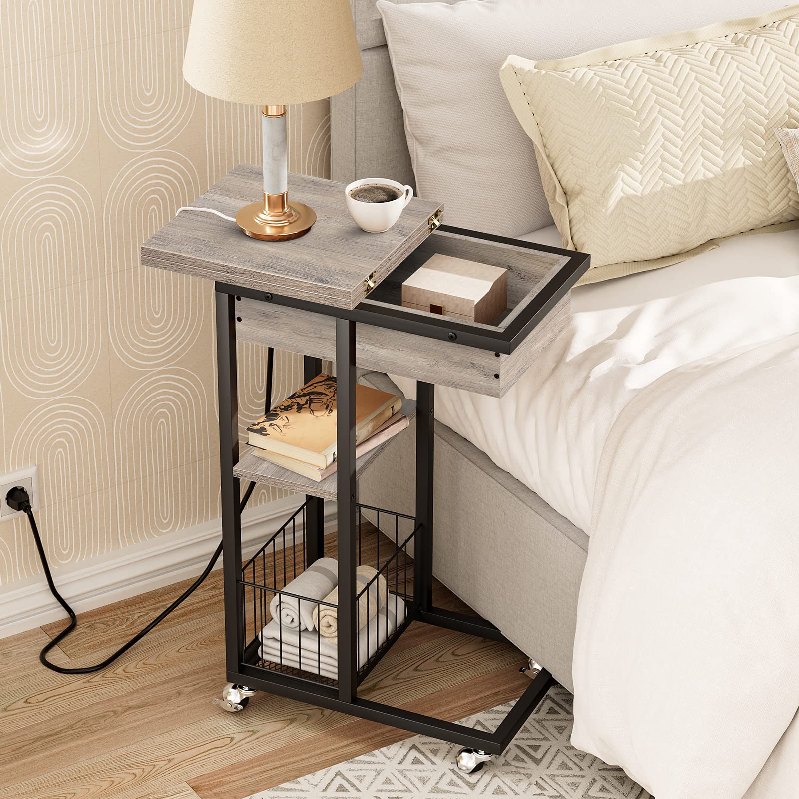HOOBRO Mesa Auxiliar con Estación de Carga, Mesa de Centro Abatible en Forma de C con Ruedas y Estante de Almacenamiento, Puertos USB Tomas Corriente, para Salón Dormitorio, Greige y Negro EBG022SF01