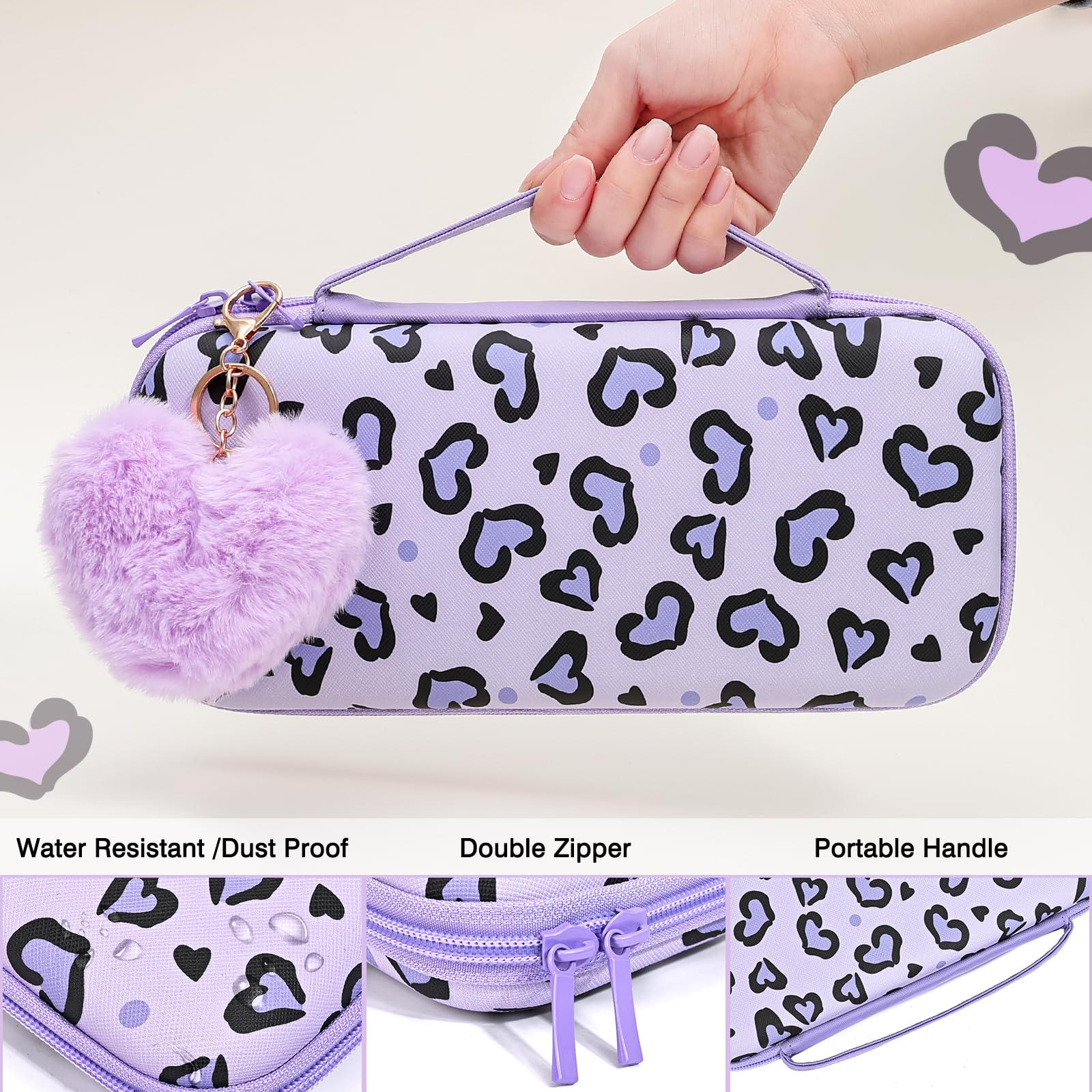 DLseego Carry Case for Switch 2,Heart Leopard Portable Storage Travel Game Carrying Case with NS 2 Dockable Protective Cover,4PCS Thumb Grip Cap and 1PC Plush Heart Charm,Purple — view 5