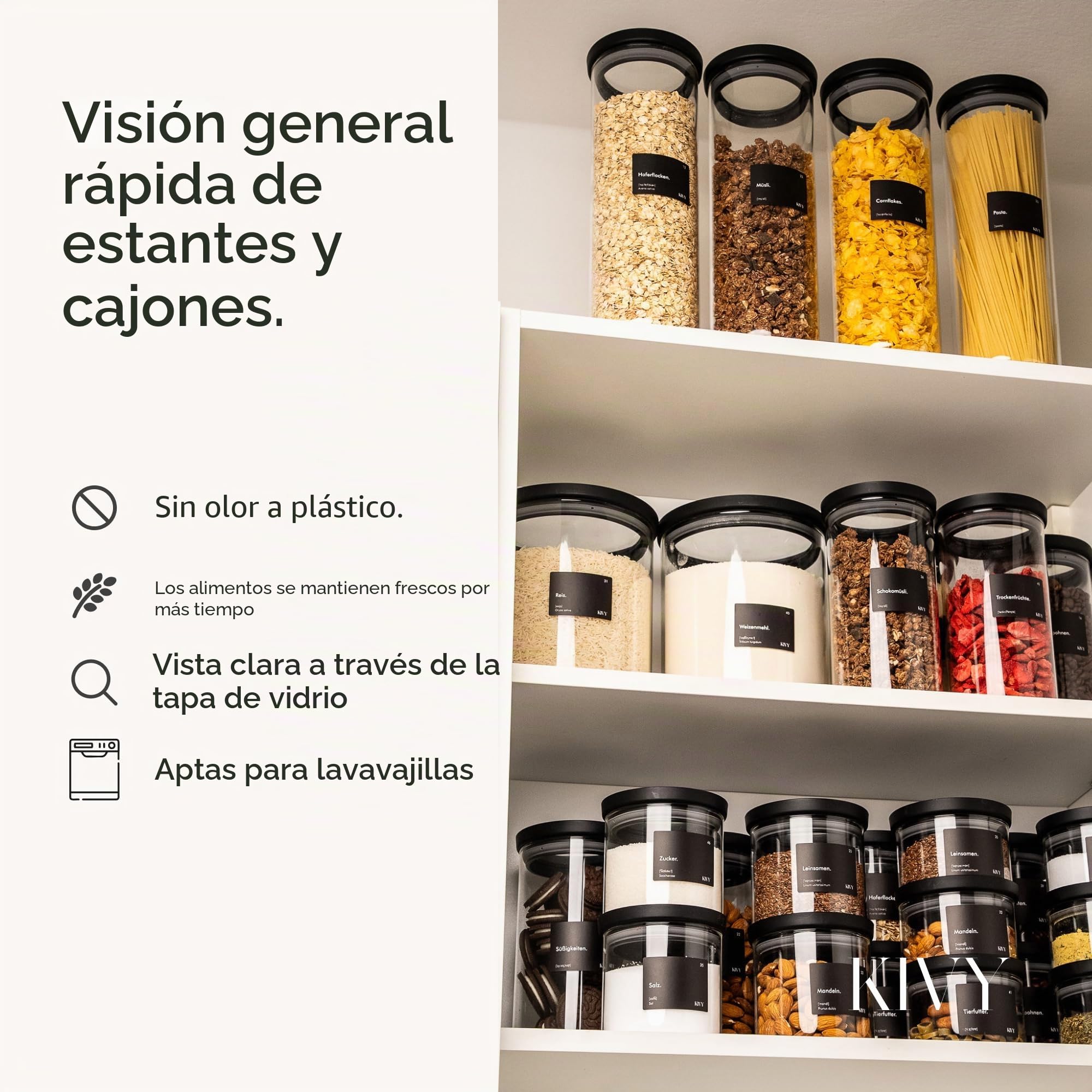 KIVY Tarros de almacenamiento de vidrio con tapa de vidrio transparente (4 * 17 onzas) - Diseño apilable - Apto para lavavajillas