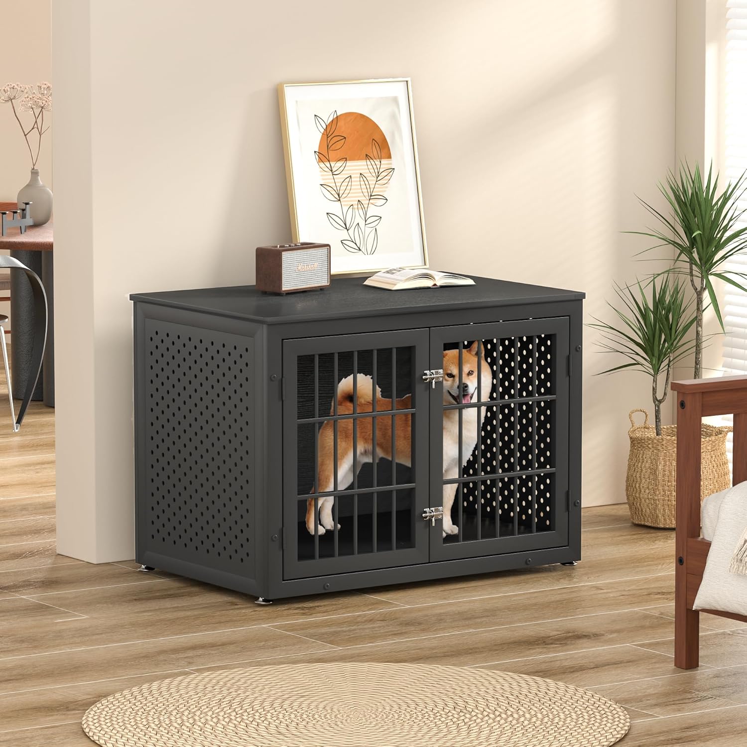rehomerance 38" Heavy Duty Dog Crate Furniture for Large and Medium Dogs,Wooden Metal Kennel for High Anxiety Dogs, Chew Proof Pet Cage Indoor, Decorative Dog Kennel End Table