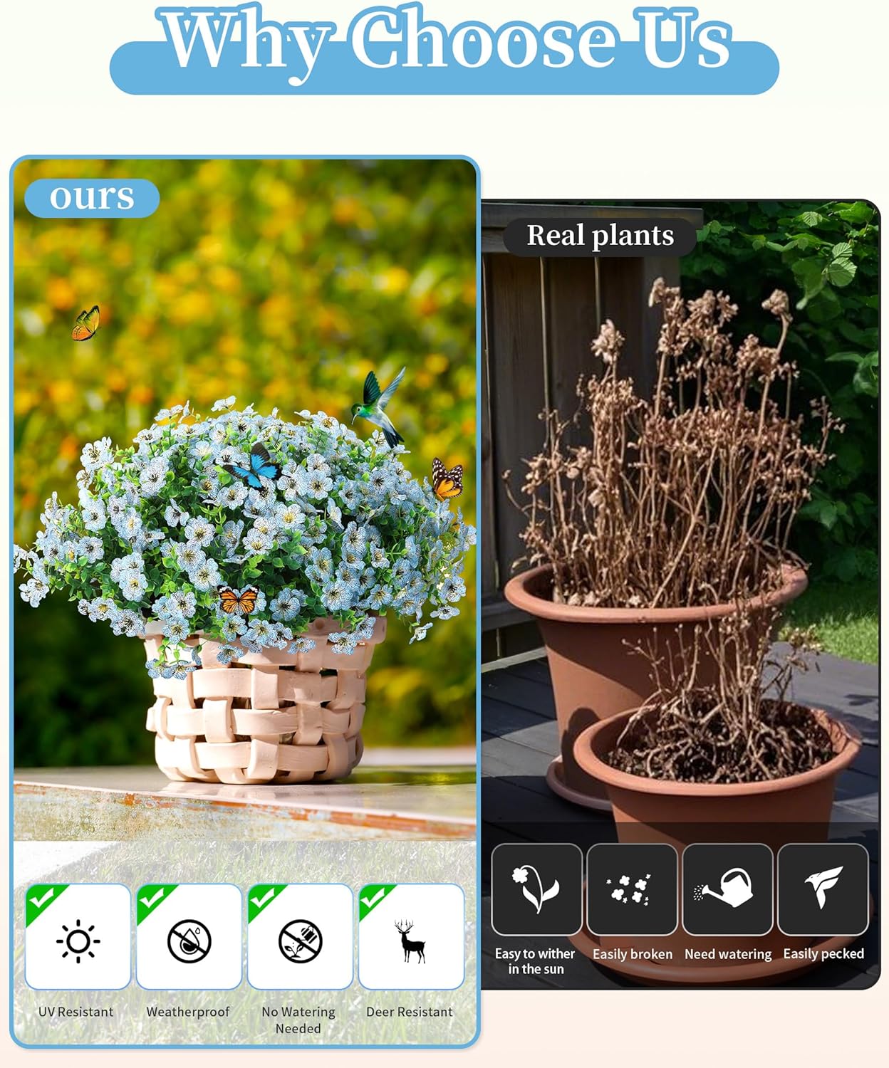 Artificial Flowers for Outdoor Decor, 16 Pack UV-Resistant Fake Light Blue Silk Daisy Flowers, Perfect for Spring & Summer Decorating – Front Porch, Patio, Window Boxes, and Potted Plants