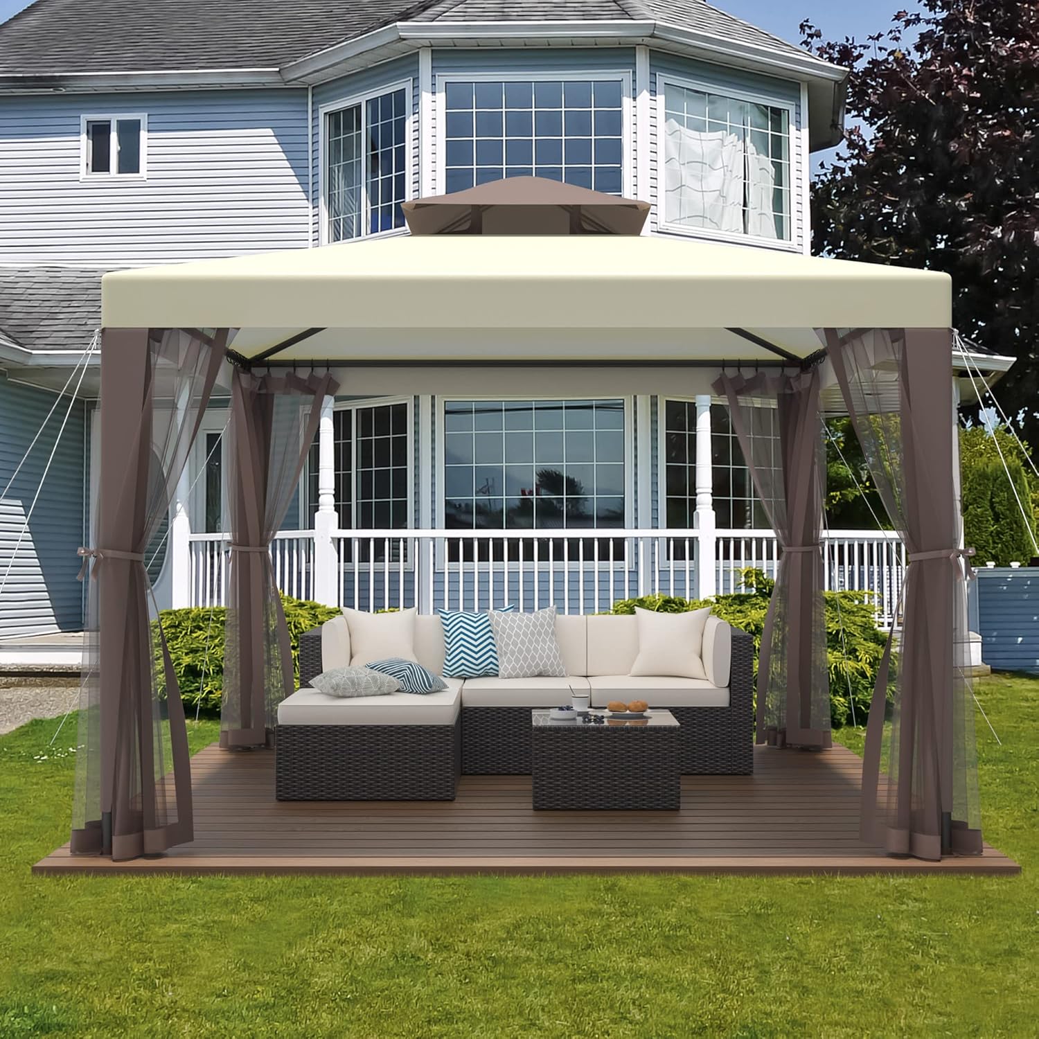 Gazebo, 10'x10' Canopy Tent Waterproof UV-Resistant 2-Tier Top Sturdy Outdoor Canopy Shelter for Camping w/Mosquito Netting for Garden Patio Backyard(White)