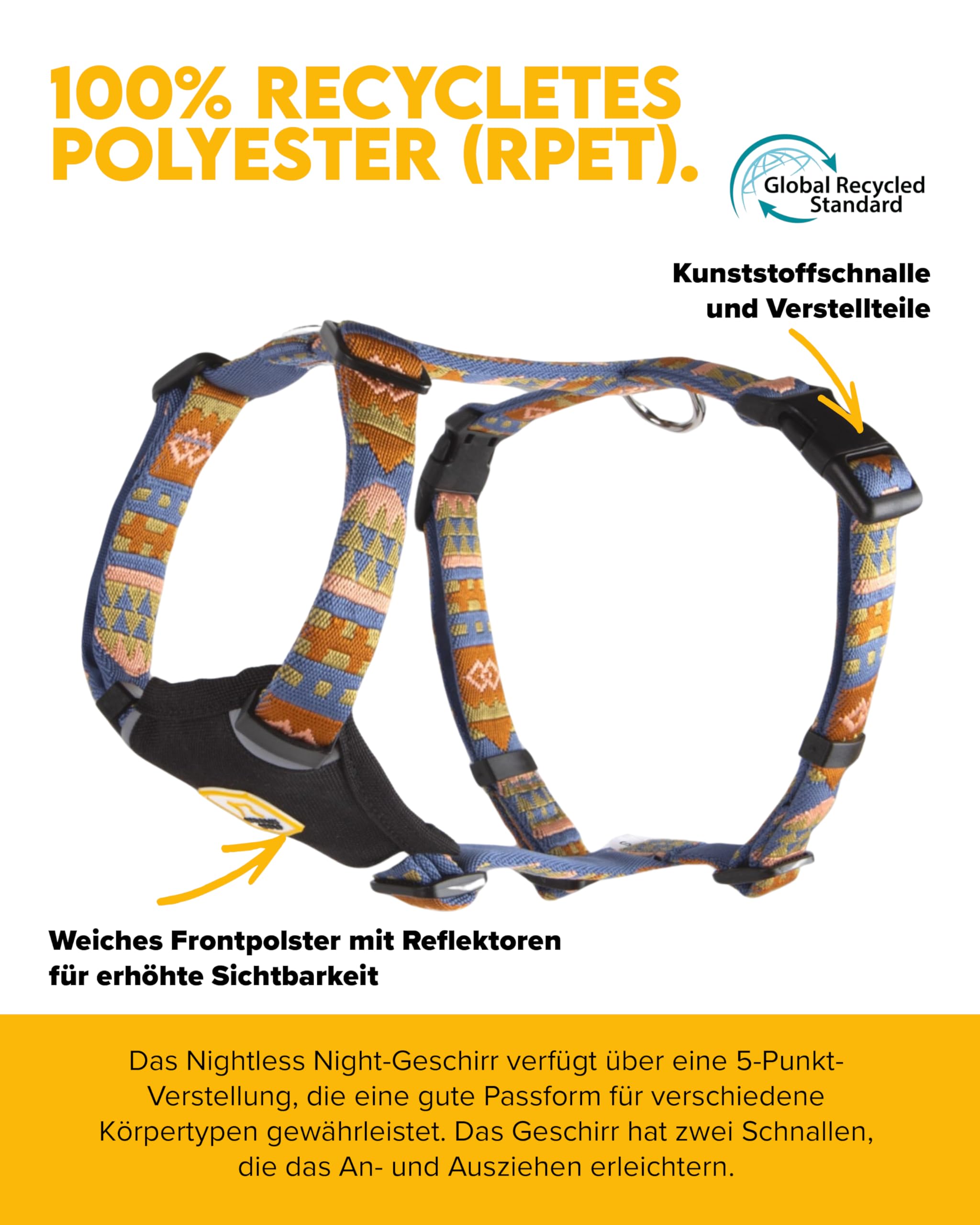 Woolly Wolf Nightless Night Dog Harness XXS - Hundegeschirr für kleine Hunde aus recyceltem Polyester, Perfekte Passform und Reflektoren für erhöhte Sichtbarkeit