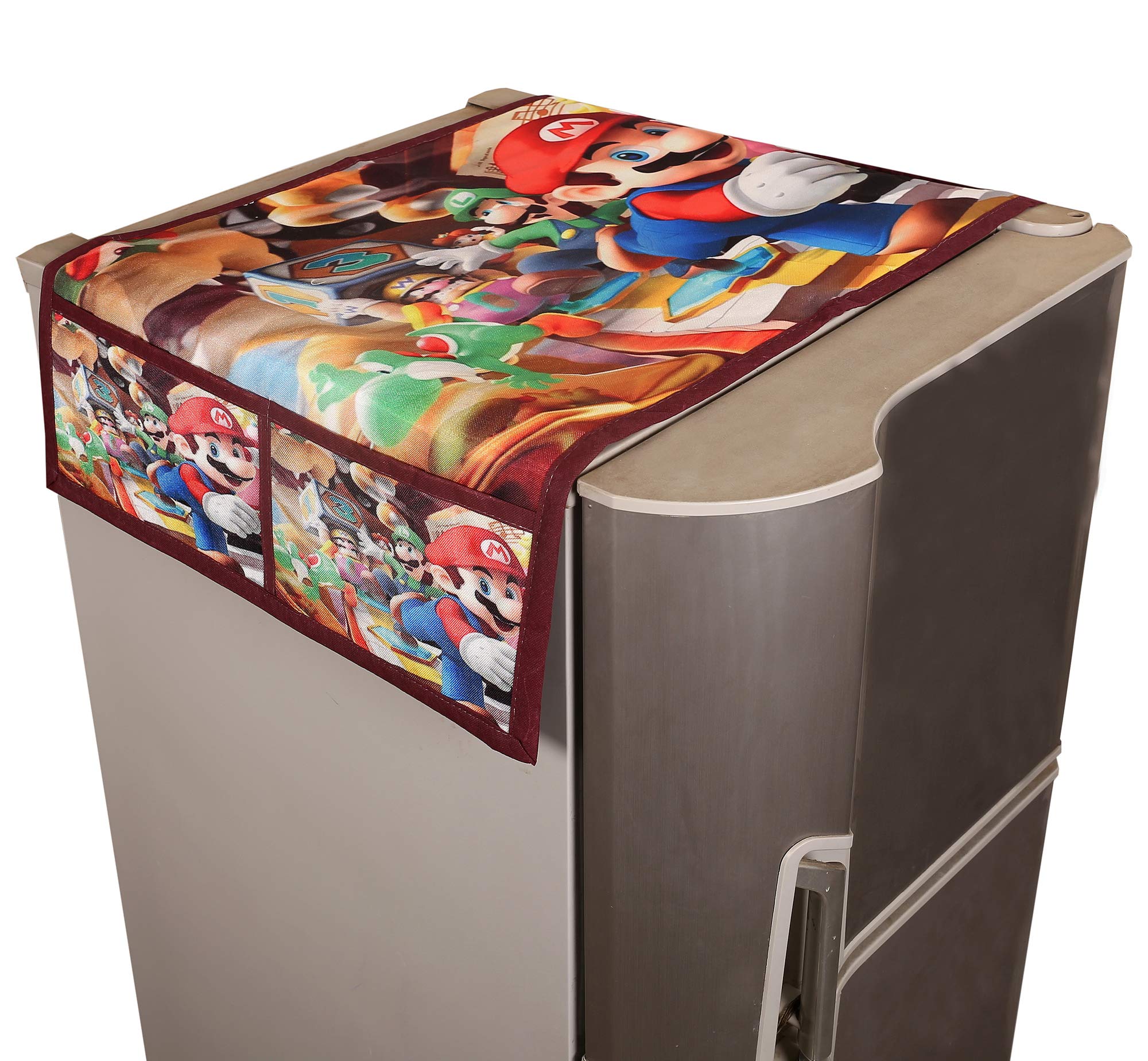 Kuber Industries Mario Design Jute Refrigerator Top Cover with Four Pocket - Multicolour