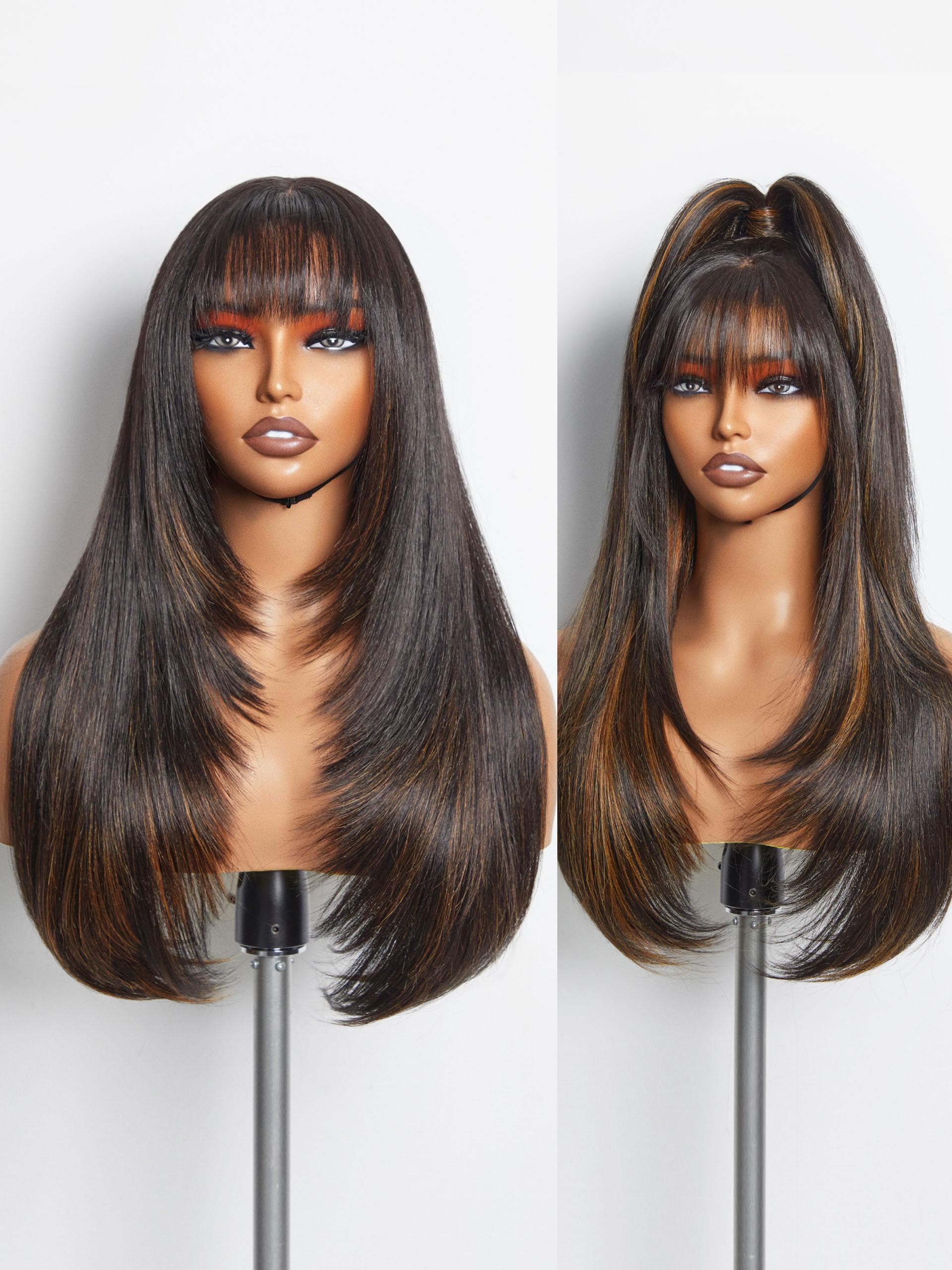 GORGIUS Highlight Straight Layered Wigs with Bangs Glueless Black Mixed Brown Wig 22 Inch Put On Go Wigs Crafted with Style-Archive Premium Fiber