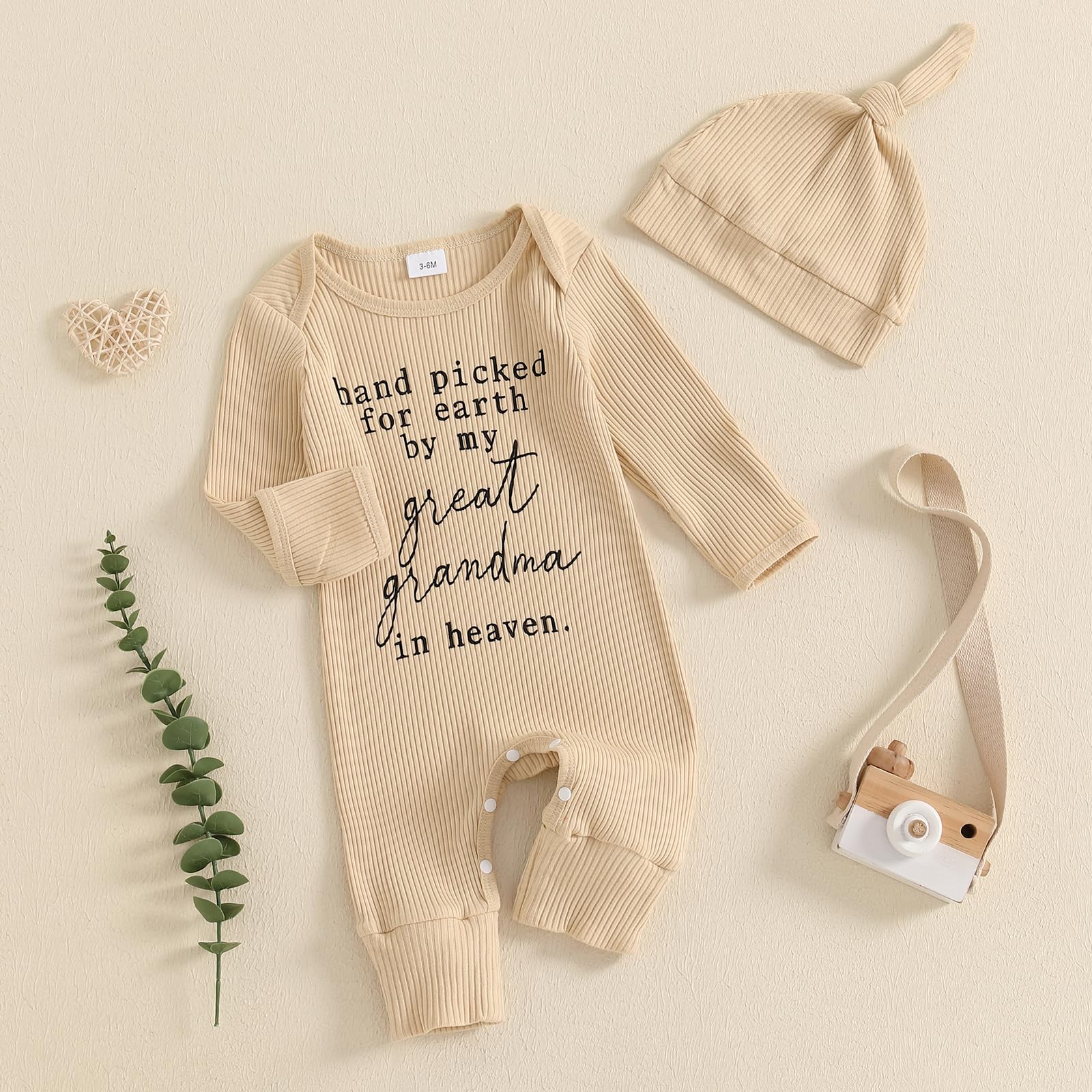 SAYOO Hand Picked For Earth By My Great Grandma Grandpa In Heaven Bodysuit Romper Newborn Baby Ribbed Jumpsuit Coveralls (Beige, 0-3 Months)