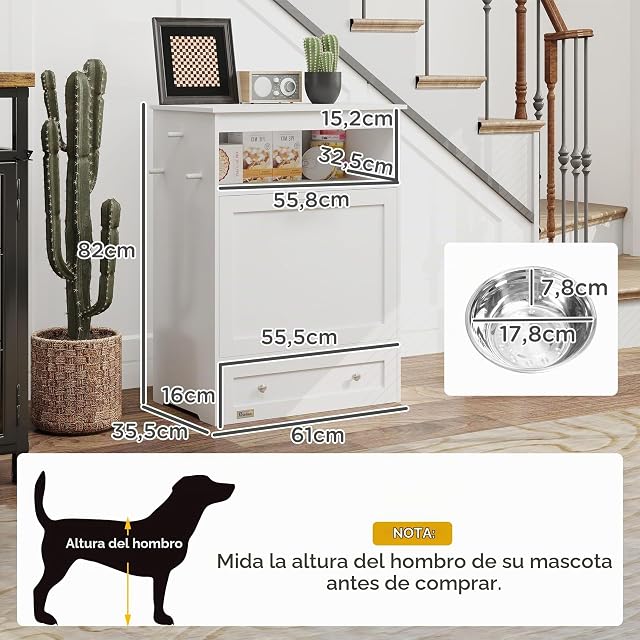 Foto 7 de 8 de PawHut Estación de alimentación para mascotas, comida y agua, Blanco