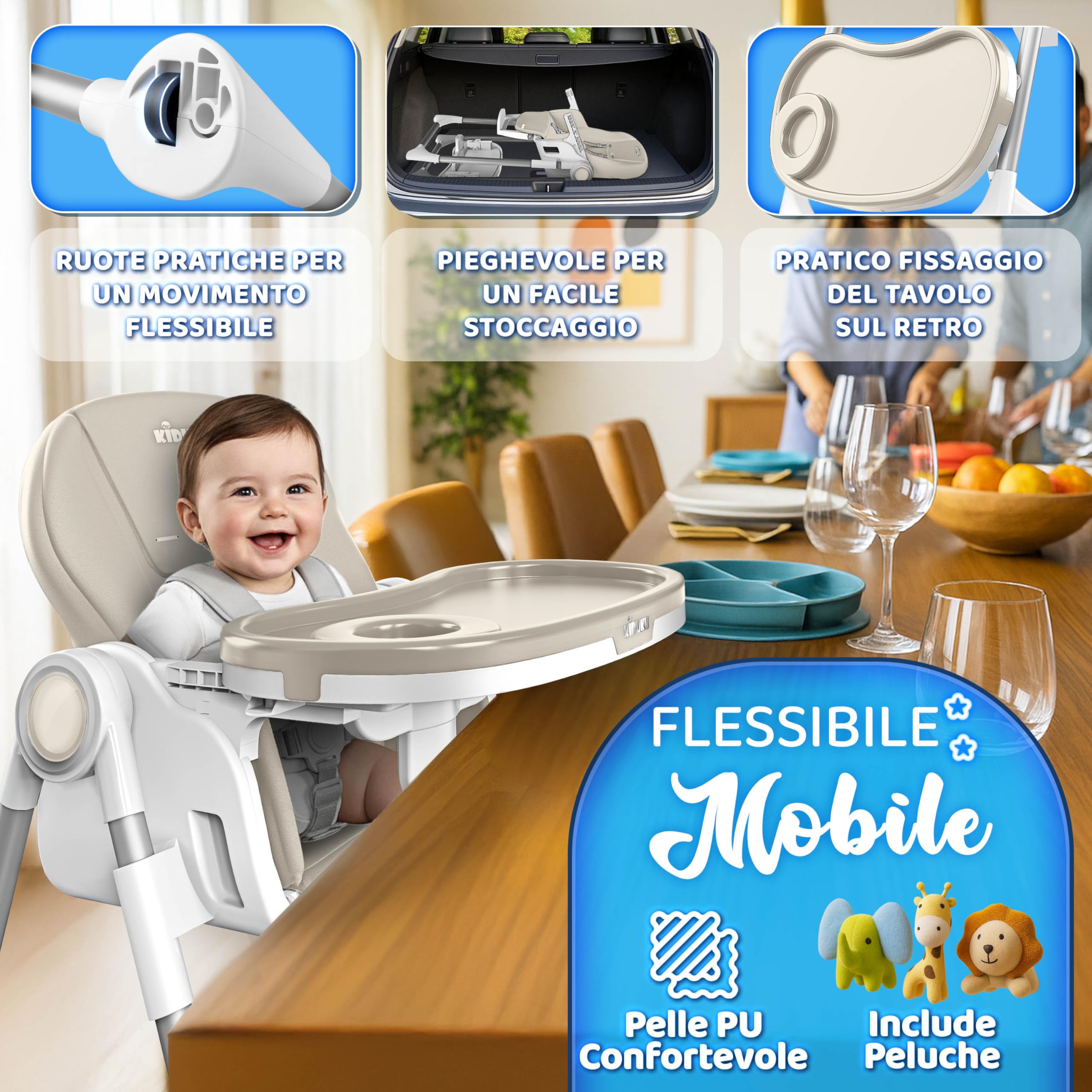 KIDUKU® Seggiolone Pappa Neonato 3 in 1 con Riduttore & Bavaglino | Seggiolone Pieghevole per Bebè e Bambini con Arco Giochi | Sedia Evolutiva Regolabile 7 Livelli | Crescita 0-36 Mesi (Beige)