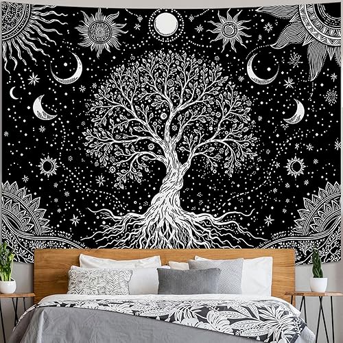 Miniatura 9 de Spenlife Tapiz del Árbol de la Vida en Blanco y Negro para Dormitorio, Tapices Espirituales Estéticos, Tapices de Árbol Estéticos, Tapiz Estético