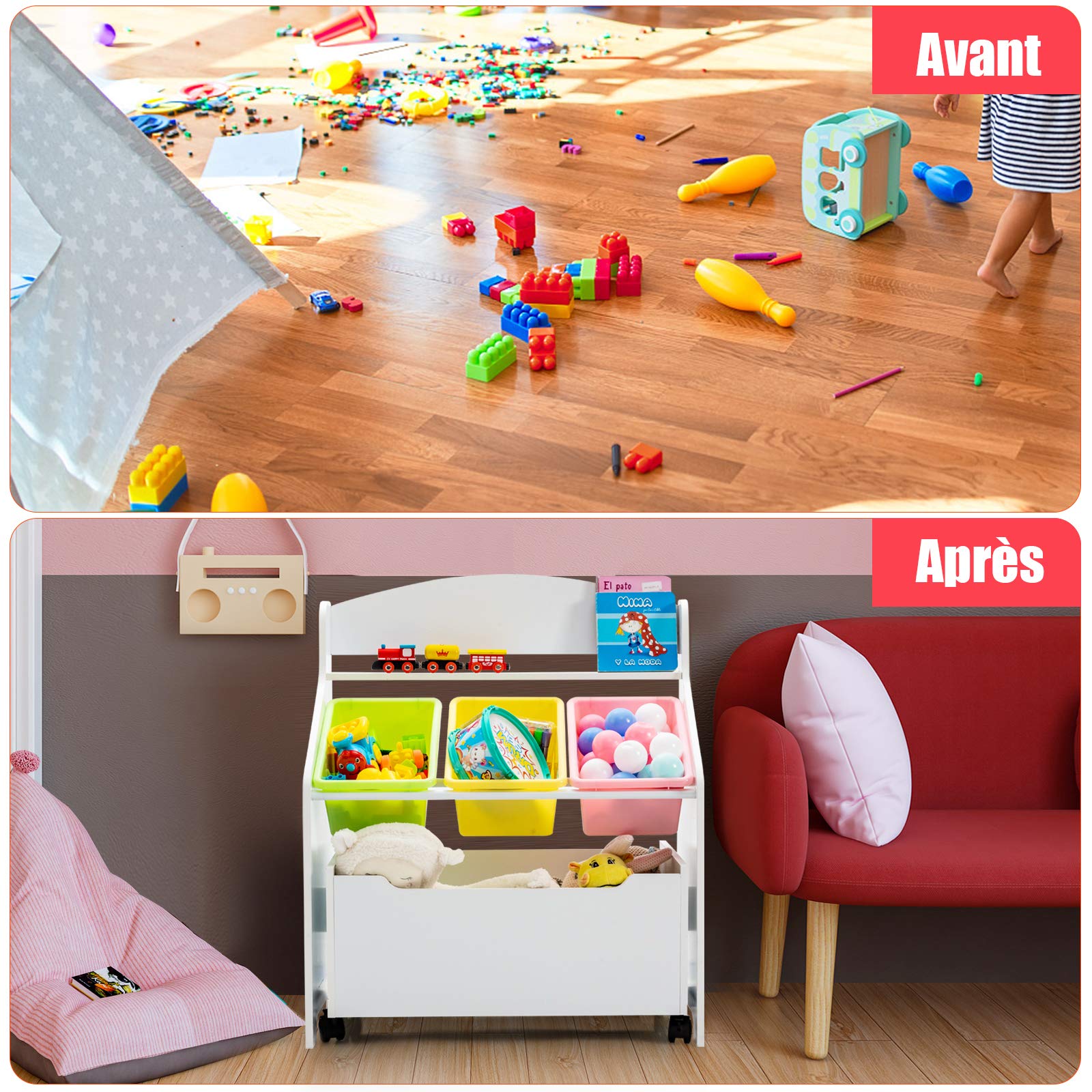 COSTWAY Coffre à Jouet Enfant avec 3 Bacs et 1 Tiroir à roulettes, Meuble Rangement Jouet en Bois avec Espace de Stockage, Design Moderne pour Jouets et Livres, 63,5 x 38 x 76,5CM