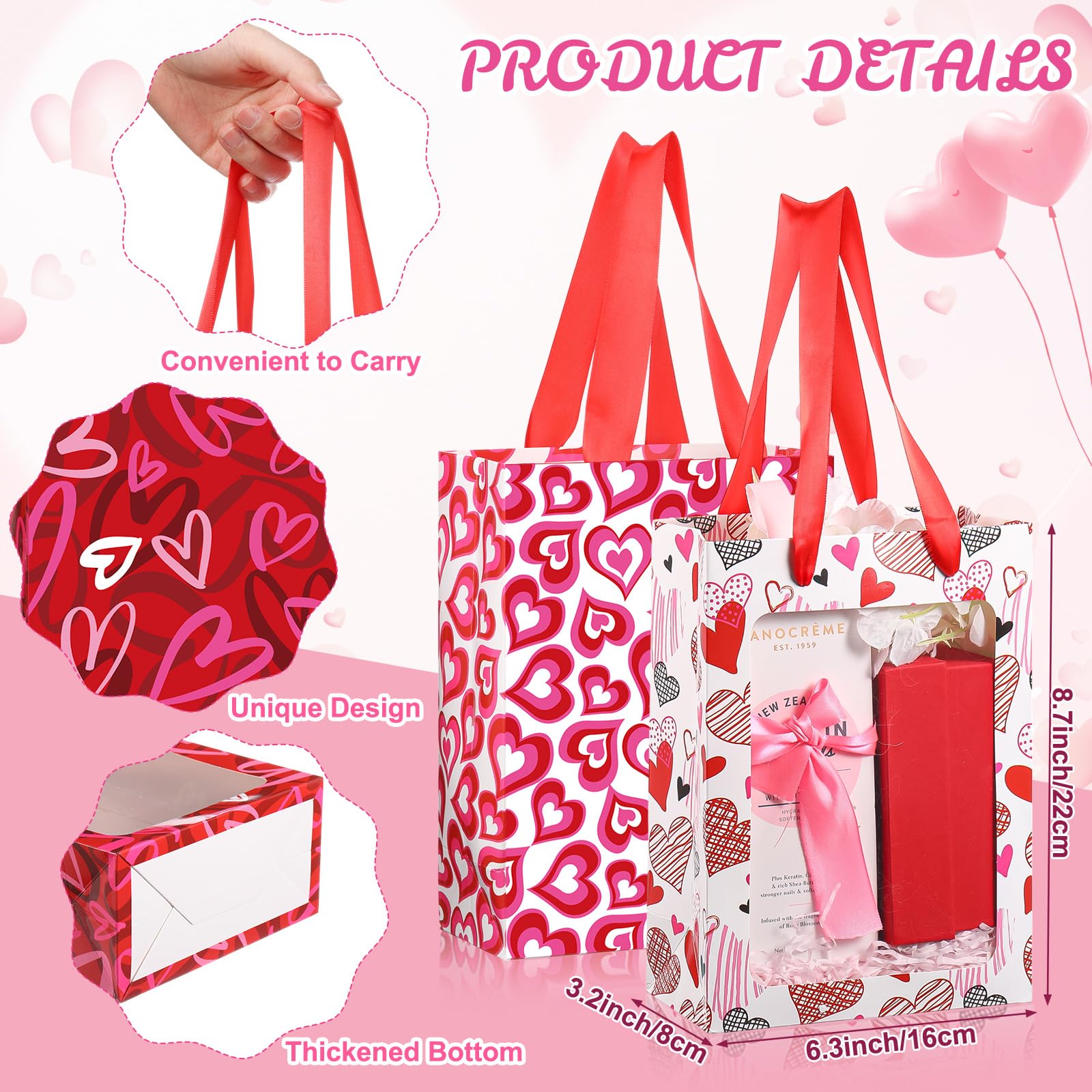 Frienda 12 Pcs Valentines Gift Bags Bulk Heart Goodie Bags with Clear Window and Handle Pink Red Happy Valentine's Day Paper Gift Wrap Love Tote Pouches for Party Favors Wedding Birthday Party