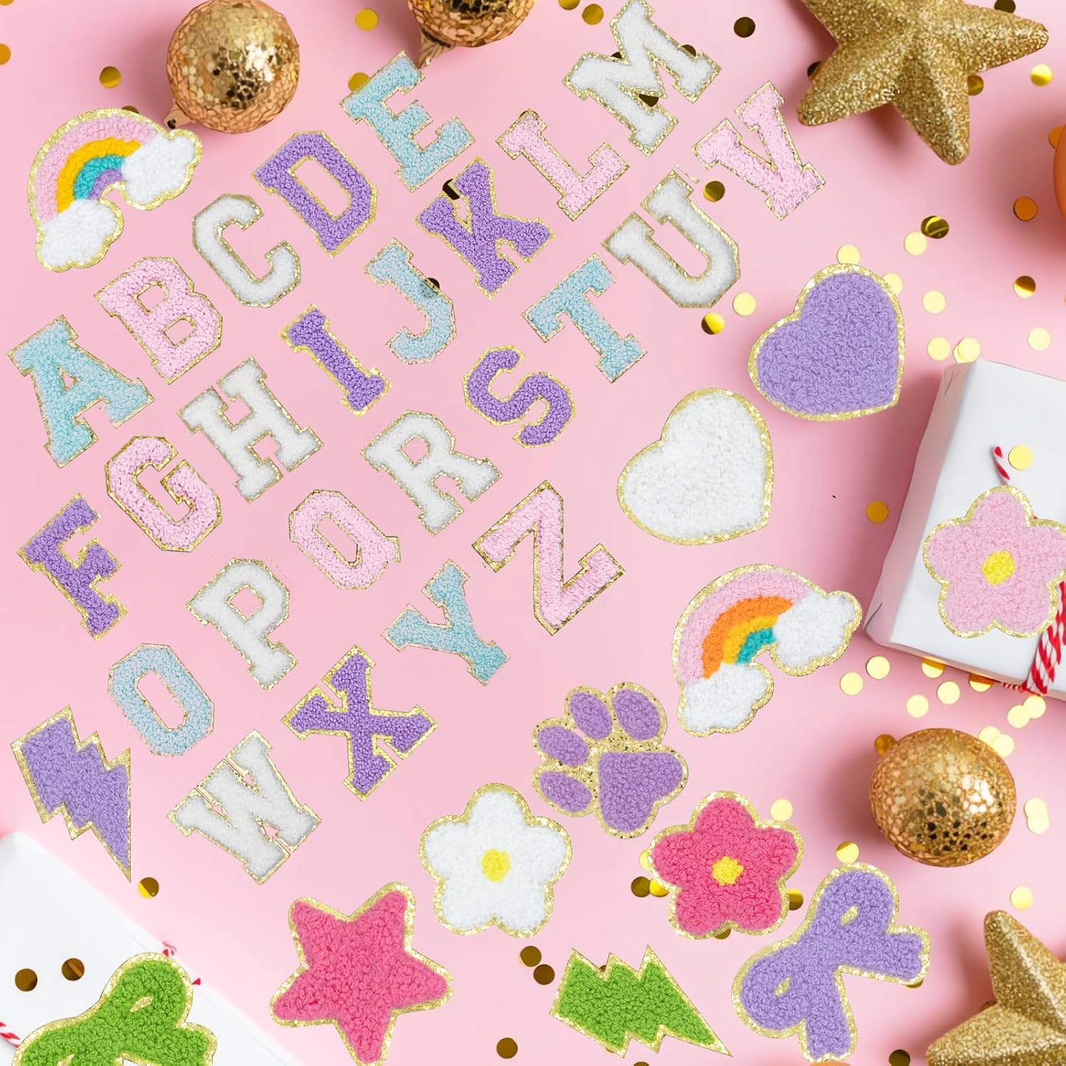 156 Pcs Chenille Letter Patches Self Adhesive Iron On Patches for Clothes,Include 104 A-Z Varsity Alphabet,52 Cute Pattern Chenille Patches for DIY Clothing,Bags,Hats,Embroidered Repair