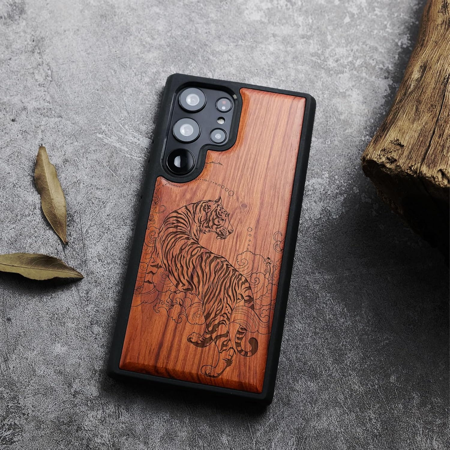 Carveit Wood Case for Galaxy S24 Ultra Case [Natural Wood & Black Soft TPU] Shockproof Protective Cover Unique Wooden Design Compatible with Samsung S24 Ultra (Graceful Tiger-Rosy)