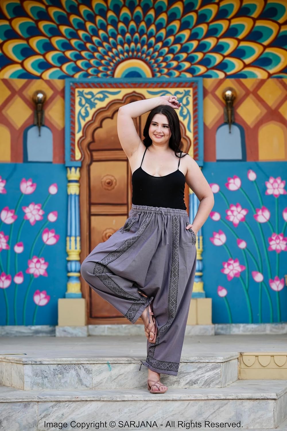 SARJANA Women's Solid Color Harem Pants Handmade Printed Yoga Boho Trousers with Pockets Free Size