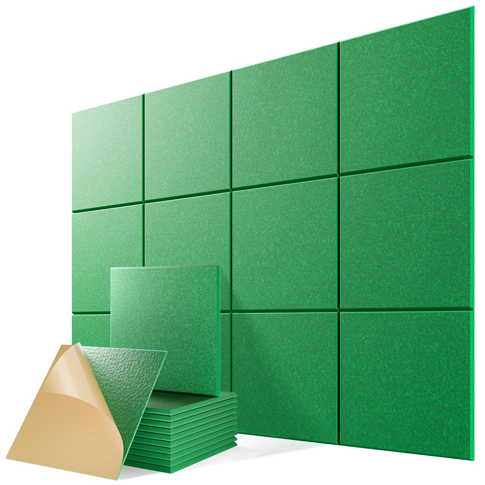12 Pack Self-Adhesive Acoustic Panels, 12" X 12" X 0.4" High-Density Sound Proof Foam Panels for Walls, Soundproof Wall Panels for Home &amp; Office (Green)