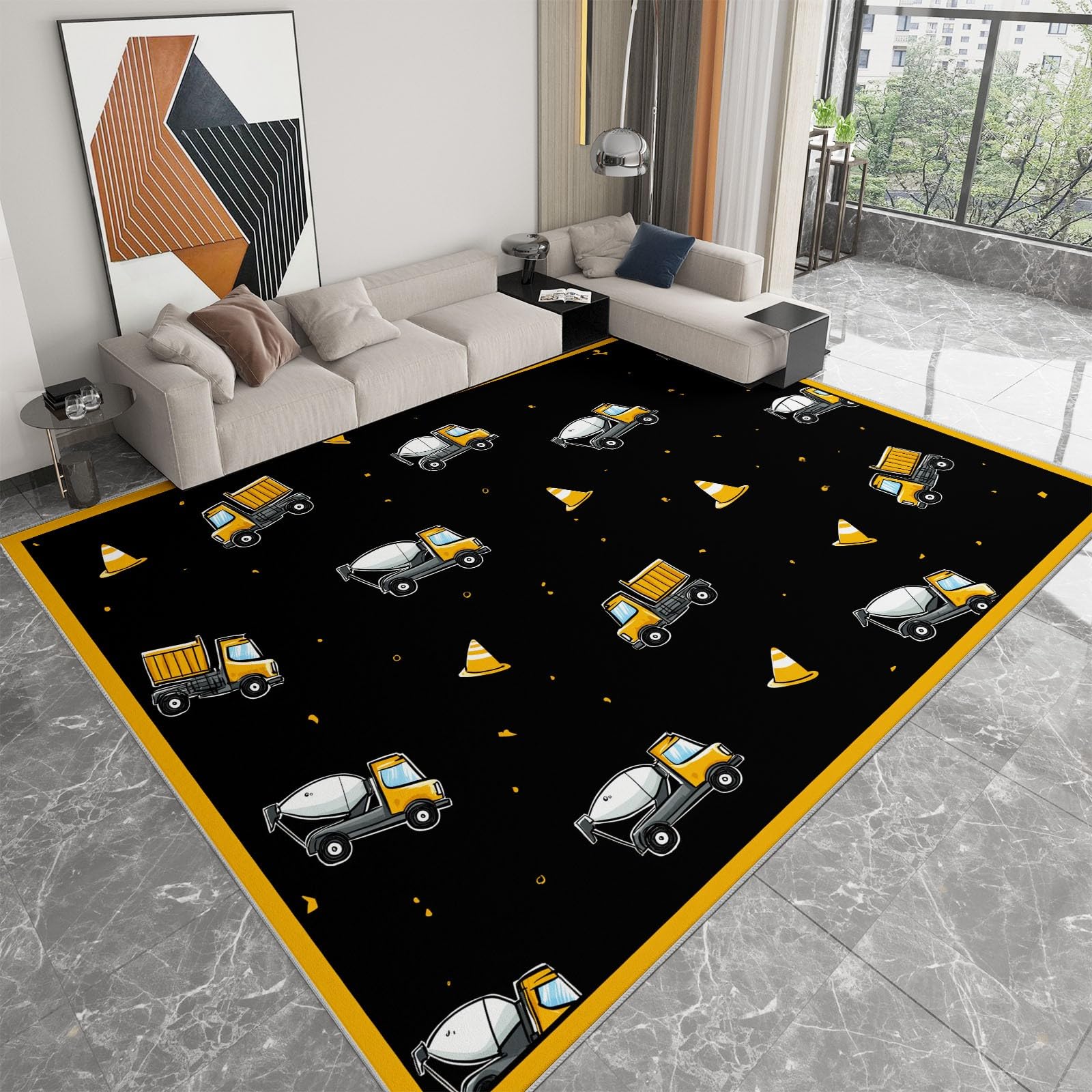 Generico Tappeto Salotto 80 x 150cm, Morbido Tappeto Scendiletto Camera da Letto Tema di costruzione camion dei cartoni animati Nero Tappeti Lavabili per Salotto Cameretta Bambino Pieghevole