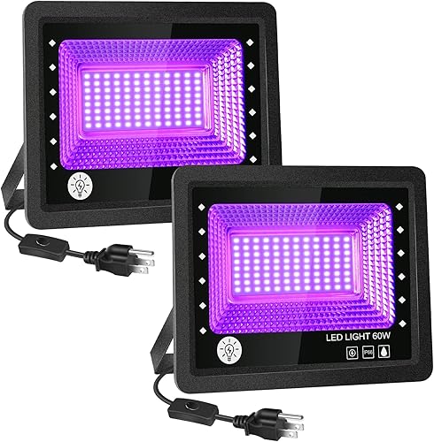 Luces negras, Remon 60W UV LED luz negra para fiesta brillante con IP66 impermeable, interruptor, enchufe de EE. UU., luz negra al aire libre para