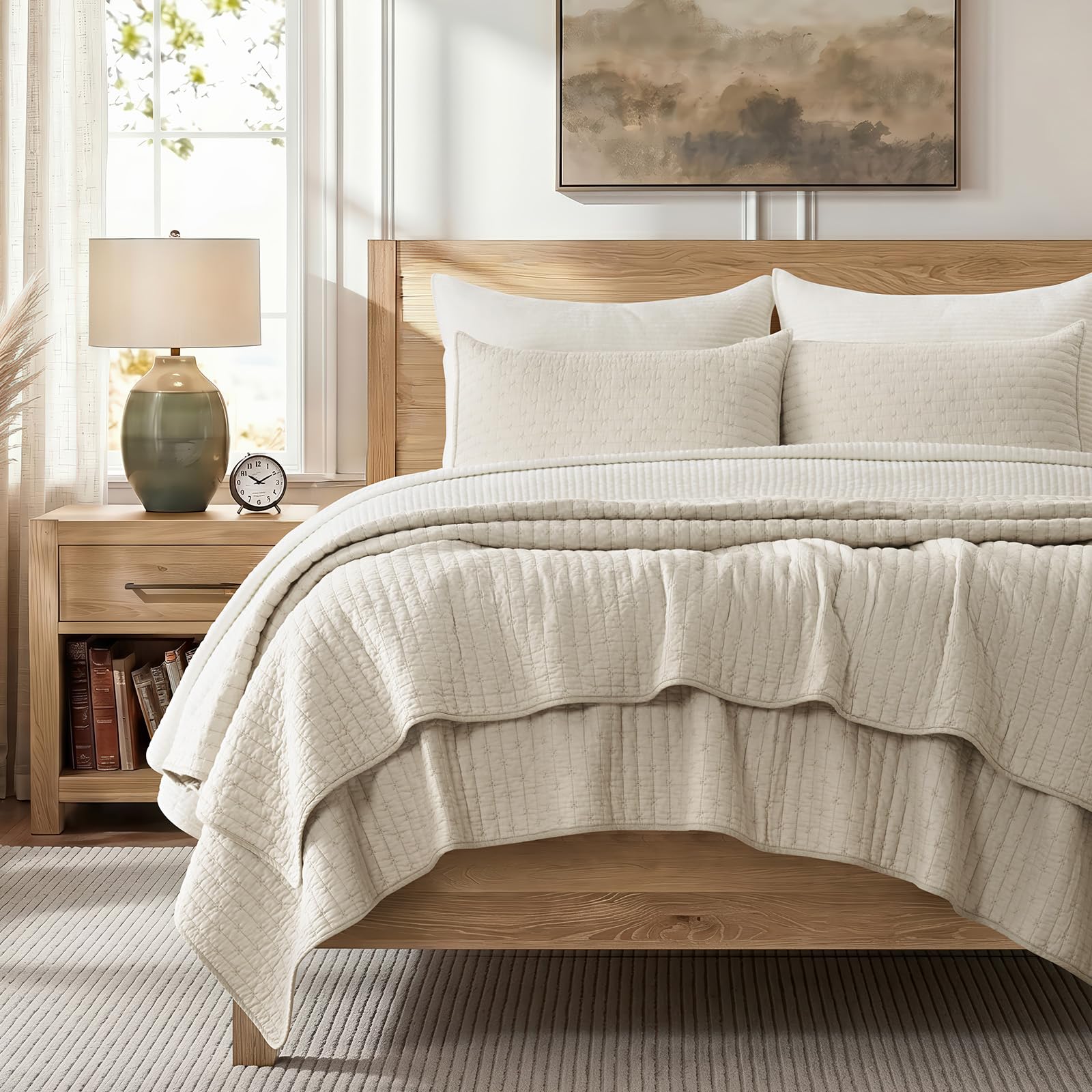 Photo 1 of EverGrace Pre-Washed Cotton Quilt Set Queen, Birch, 92"x96"