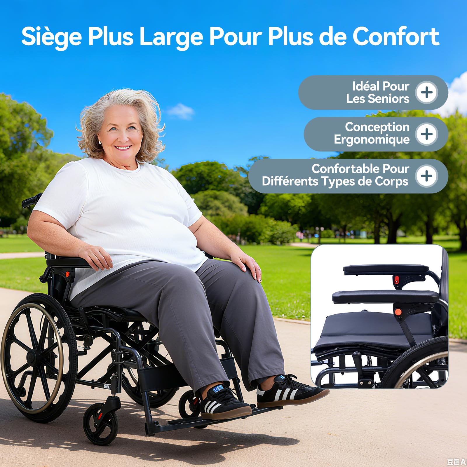 M4 Fauteuil roulant pliable léger avec double rembourrage d'assise, roues avant absorbant les chocs, cadre en aluminium léger, accoudoirs amovibles, pneus en caoutchouc sans entretien