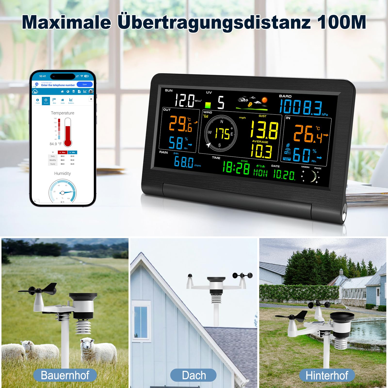 Urageuxy Stacja pogodowa 7 w 1 WLAN z czujnikiem zewnętrznym – prognoza pogody WiFi, deszczomierz, wiatromierz, termometr wewnętrzny/zewnętrzny, higrometr, ciśnienie powietrza, wskaźnik UV, fazy