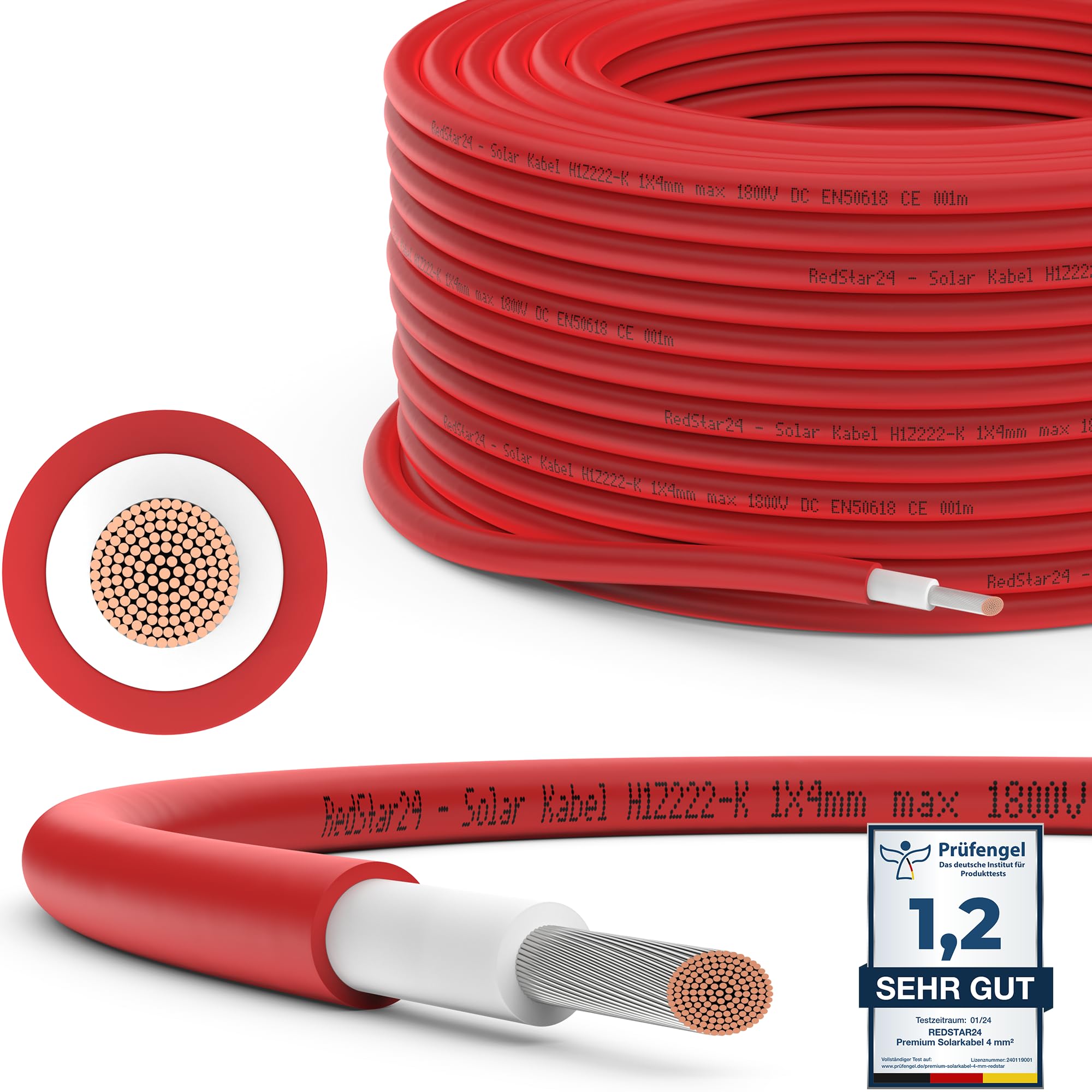 RedStar24 Câble Solaire Premium 4mm² Rouge 50m - Résistant aux UV, Flexible, pour Panneaux Photovoltaïques, Onduleurs & Régulateurs de Charge