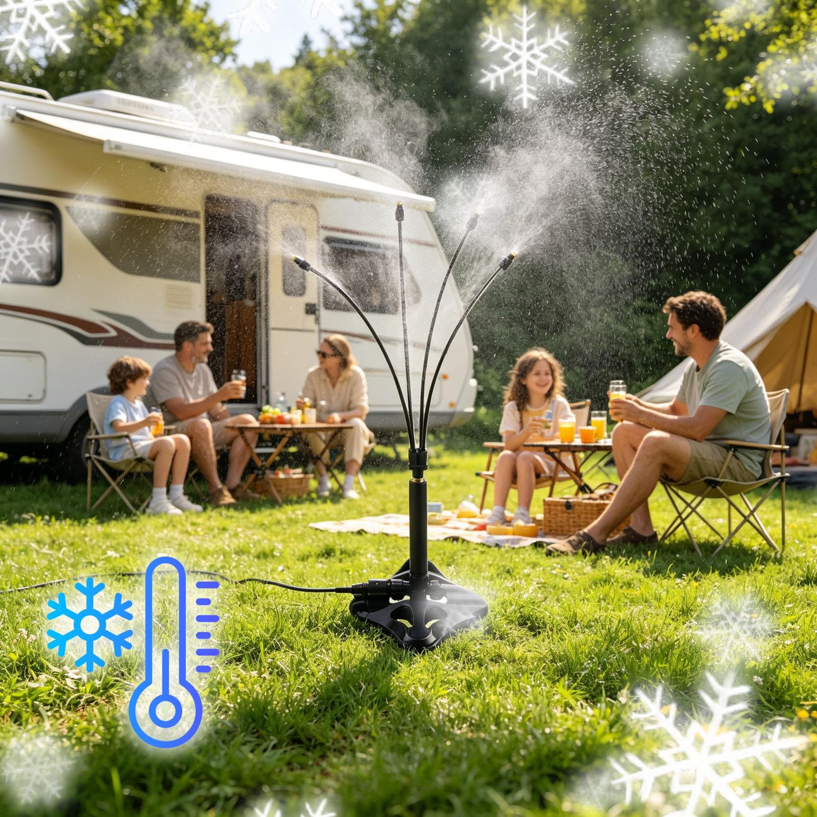 Système de Brumisation Extérieur Réglable Brumisateur Exterieur sur Pied 4 Buses Flexibles Trepied Hauteur 2026 Reglable Stable Portable Installation Rafraichissement par Eau pour Terrasse Jardin