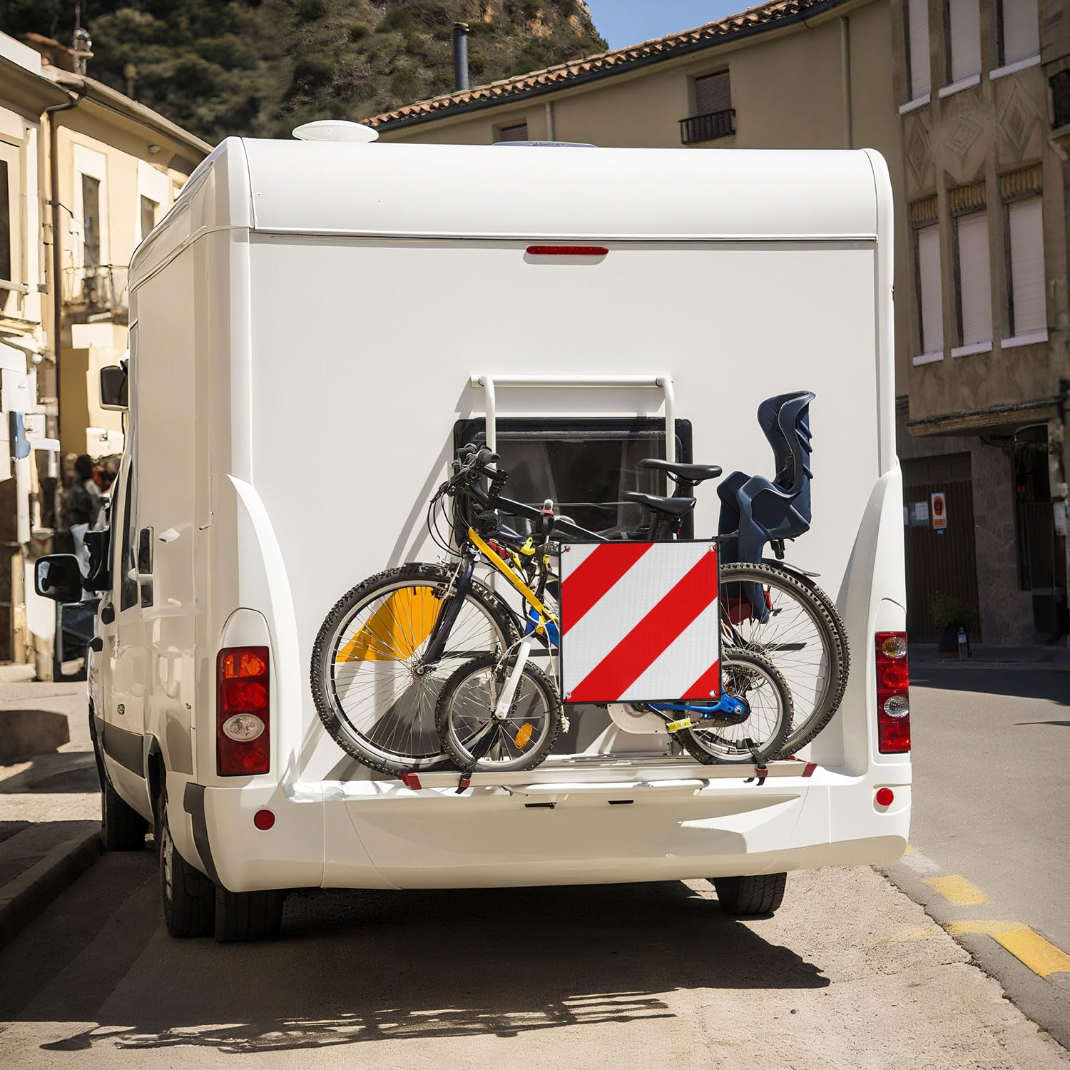 Lospitch Panneau d'avertissement Italien et espagnole 2 en 1, Panneau de signalisation en Aluminium pour l'Italie et 50x50cm, Panneau de signalisation réfléchissant pour Porte-vélos