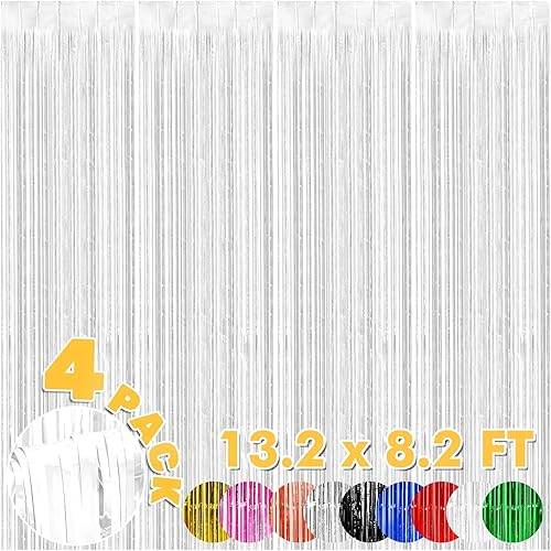 Paquete de 4 telón de fondo para decoración de fiestas, cortinas de telón de fondo de flecos de papel de aluminio, serpentinas de oropel para