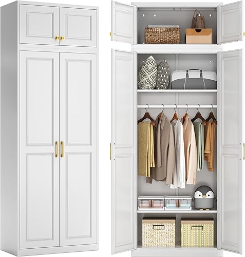 Miniatura 9 de Armario de metal con 2 puertas, armario de 71 pulgadas de alto con puertas, barra para colgar, cajones y estantes ajustables, armarios de