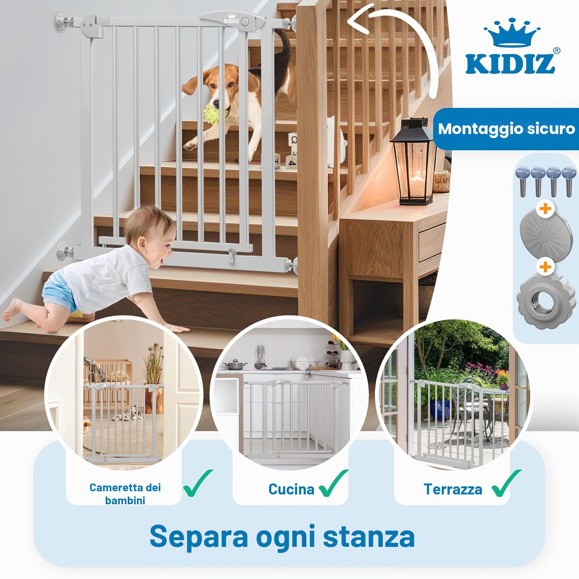 KIDIZ Griglia di protezione per scale senza foratura, larghezza regolabile: 88 – 94 cm, altezza 75 cm, griglia di protezione per porte e cani per bambini e cani, apertura con una sola mano su entrambi