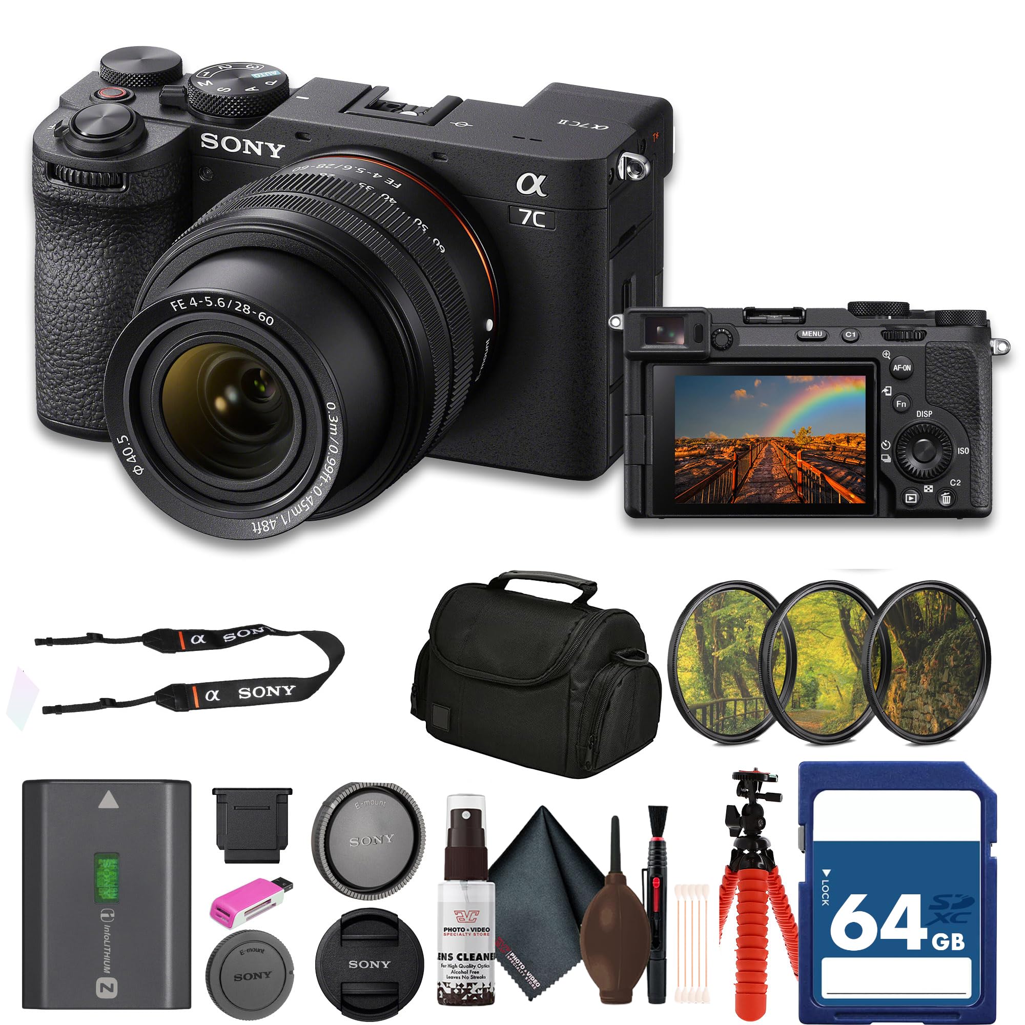 Sony a7C II Mirrorless Camera with 28-60mm Lens (ILCE-7CM2L/B) + 64GB Card + Filter Kit + Bag + Card Reader + Flex Tripod + Cleaning Kit