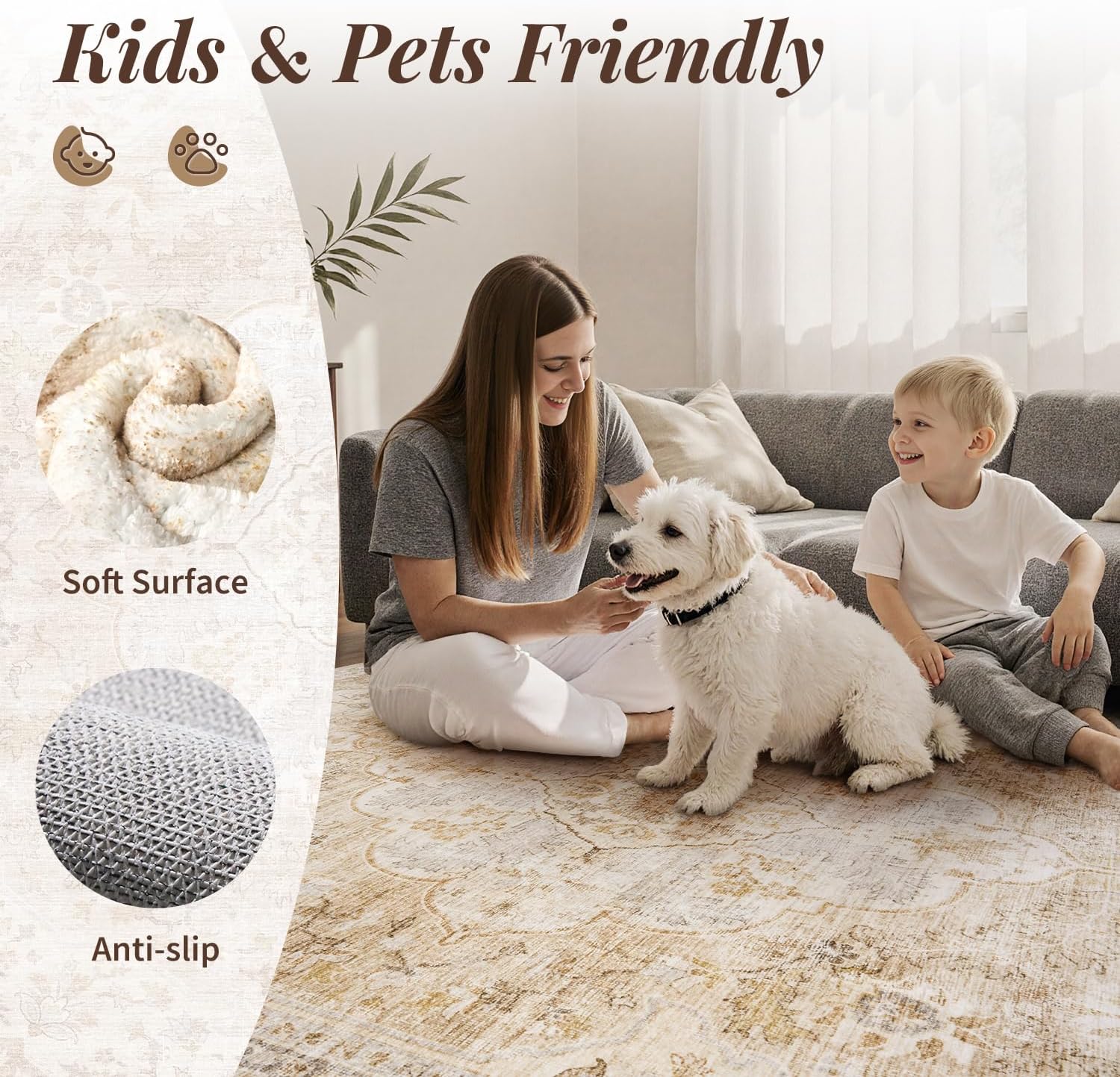 tchdio 5x7 Area Rugs for Living Room, Vintage Non Slip Washable Rug, Soft Low Pile Neutral Area Rug Large Floor Indoor Carpet for Bedroom, Dining Room, Office (Beige, 5'x7')