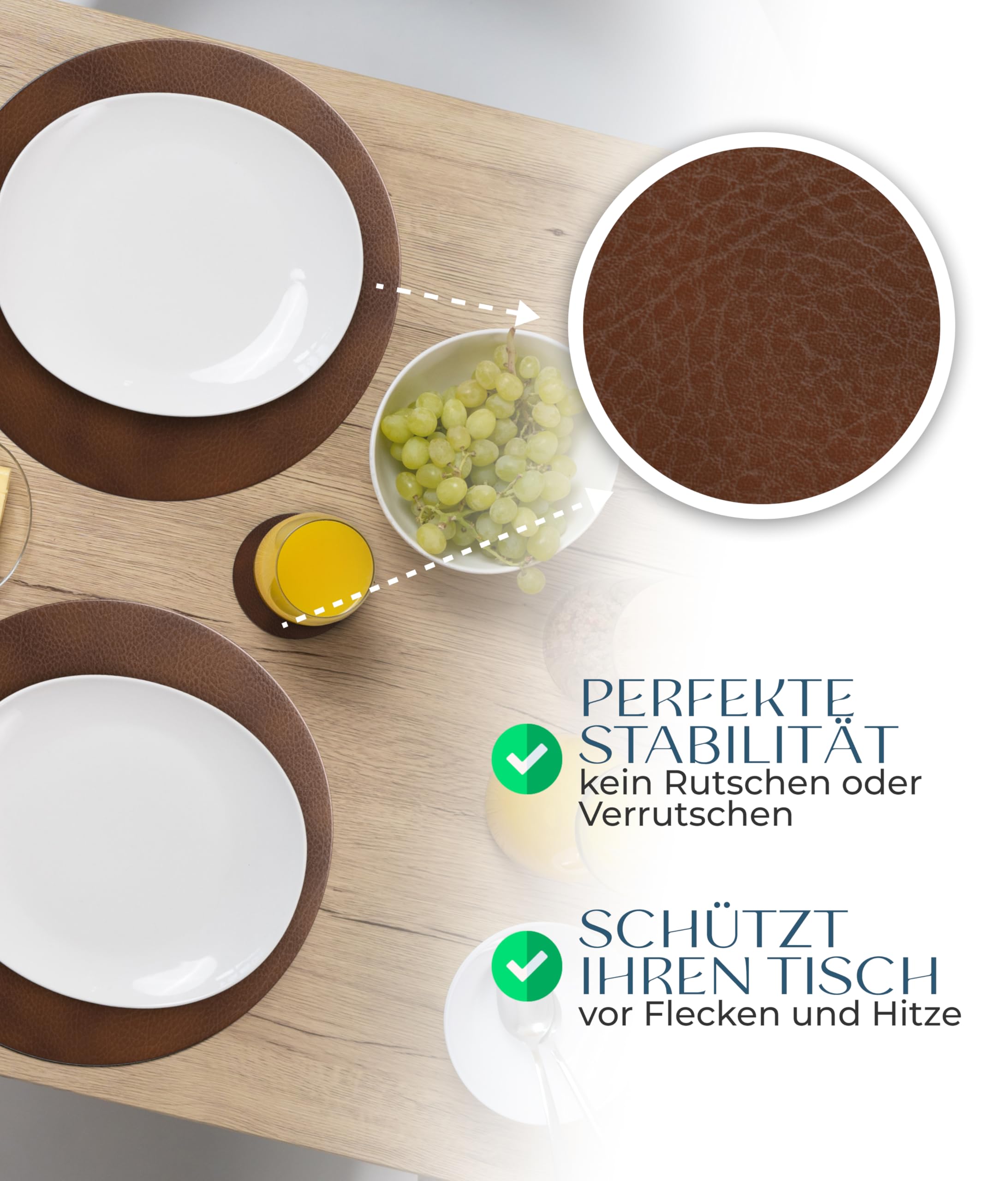 Juego de 4 manteles individuales lavables – Sostenibles, estables y antideslizantes – Cuero reciclado noble fabricado en Alemania (redondo, marrón oscuro)