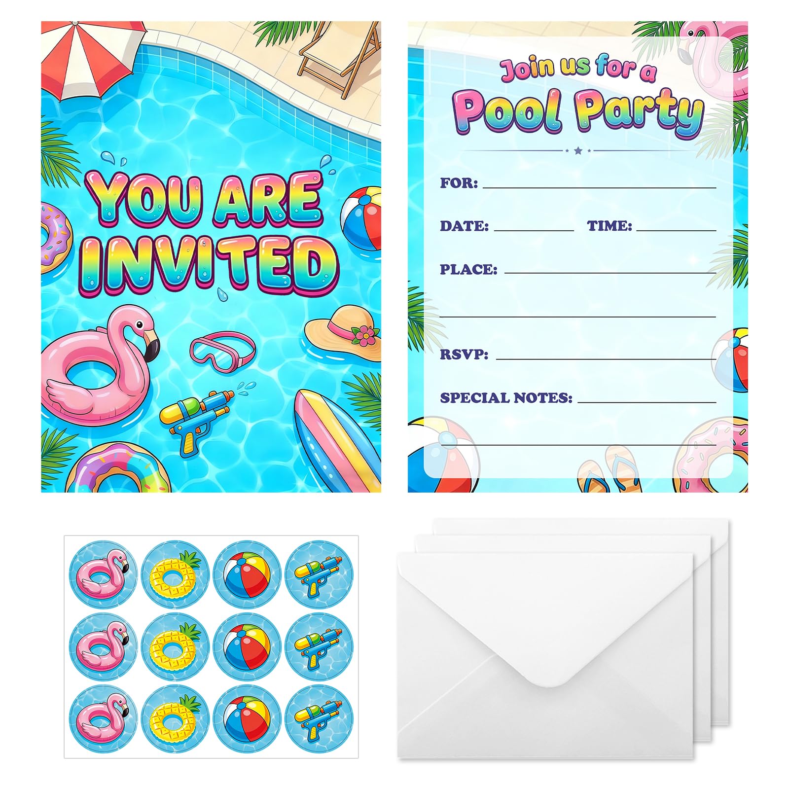 IHCEMIH Pool Party Invitations Kids Birthday with Envelopes and Stickers - 12 Pack Swimming Pool Party Invites Cards Boys Girls Children Fun Summer Water Splash Themed Size 12.7x17.7cm