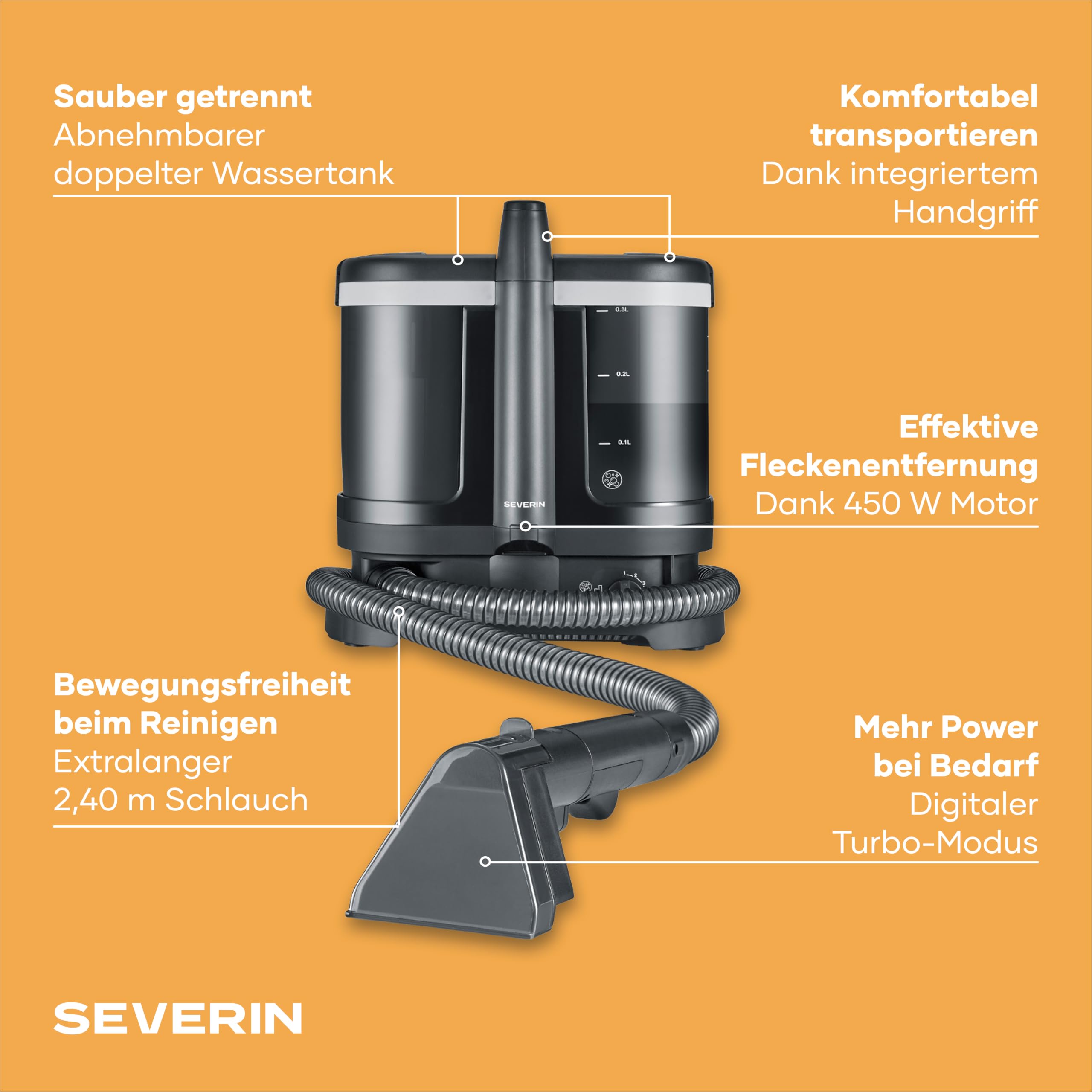 Severin Polsterreiniger, für Teppich, Polster, Autositze & Sofa, 2-Tank-Nasssauger, Waschsauger, Teppich-Reiniger, Frischwassertank: 1,25L, S-Power, 450W, anthrazit, schwarz, SC 7188