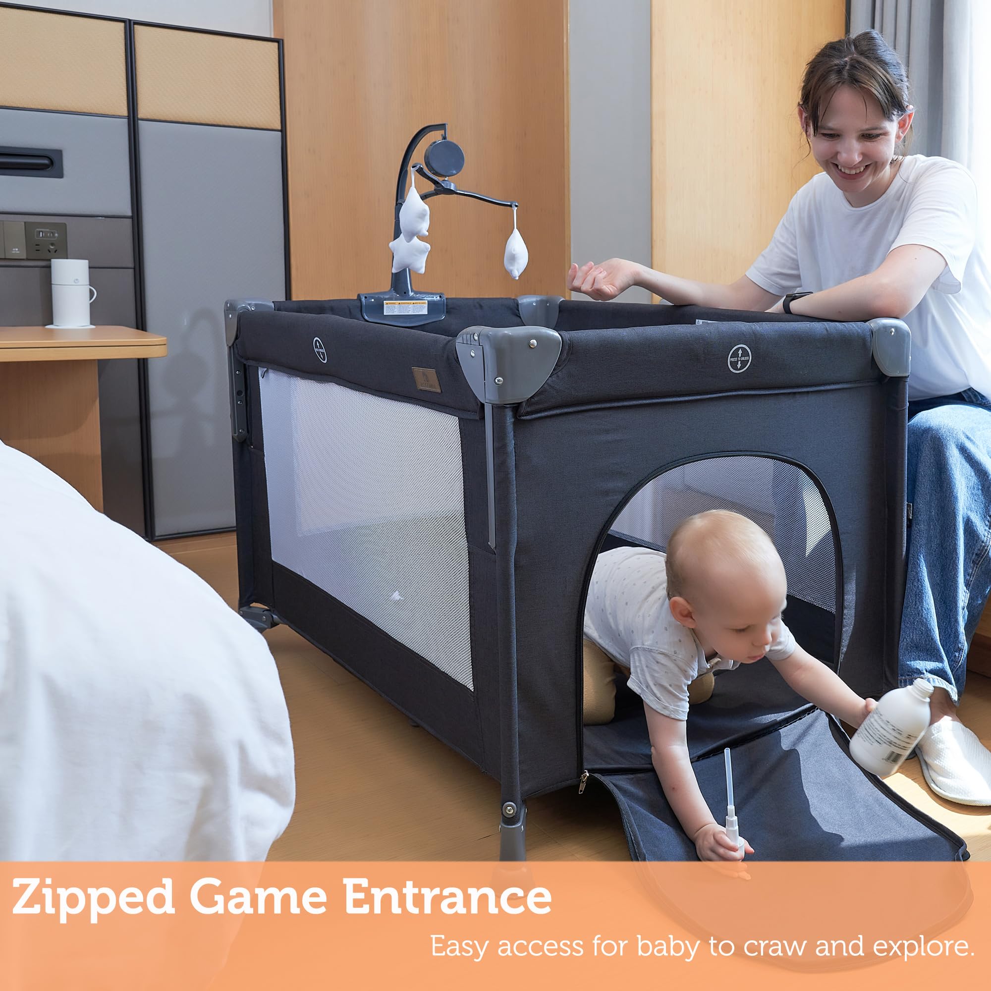 Cama de noche 5 en 1 para bebé, para empacar y jugar con moisés y colchón, cuna portátil con almacenamiento, corral con moisés desde recién nacidos hasta niños pequeños (gris oscuro) (gris 5
