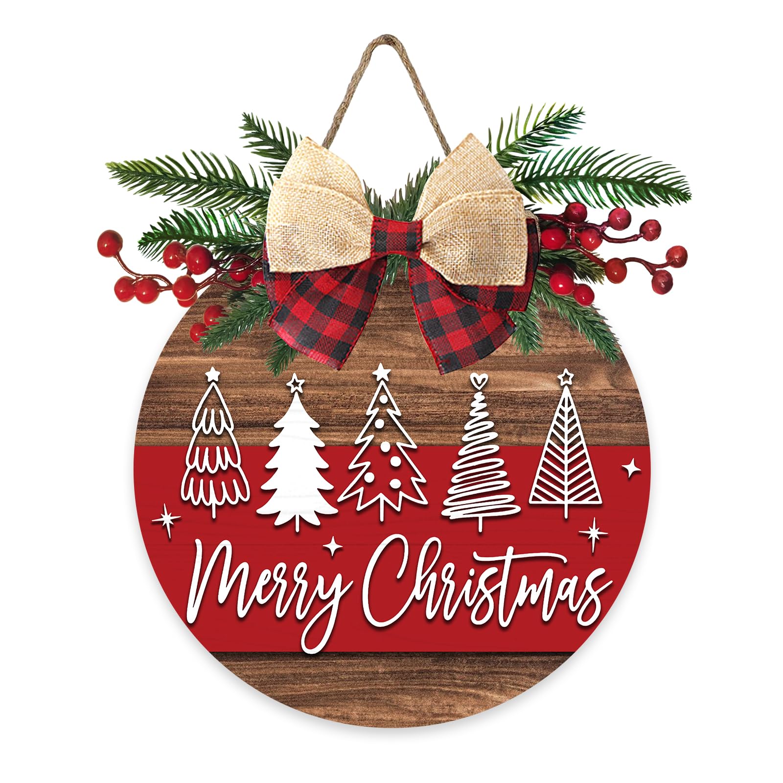 Deroro Merry Christmas Tree Front Door Sign, Xmas Buffalo Plaid Check Wood Door Hanger Outdoor Outside Porch Decor, Rustic Wooden Wreath with Bow Red Berry Indoor Wall Hanging Decoration