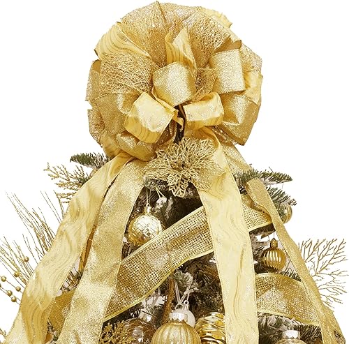 Decoración para árbol de Navidad, adorno de Navidad con serpentinas de malla de satén con purpurina, para decoración y regalo de Navidad (oro)