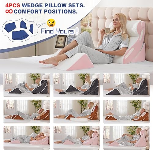 Miniatura 6 de Sistema de almohada geriátrica de cuña de 4 piezas, cuñas de cama para ancianos para sentarse o dormir, posicionador corporal poscirugía con base