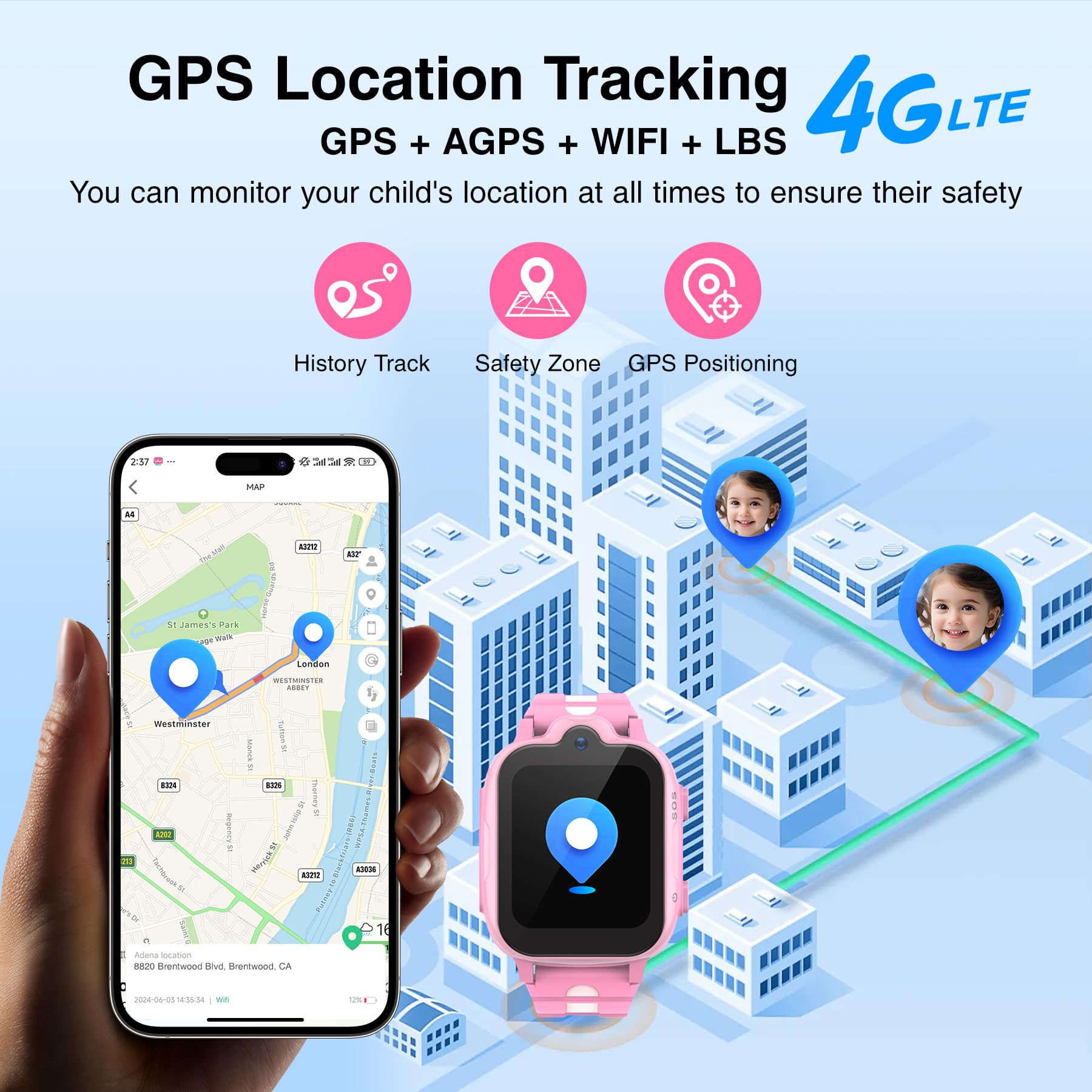 AstraMinds GPS Smartwatch Bambini 4G Telefono, IP67 Impermeabile, Orologio Smart Watch Chiamata con WiFi, Videochiamate, SOS, Sveglia, Kids Orologio per Ragazzi 4 a 12 Anni, Rosa